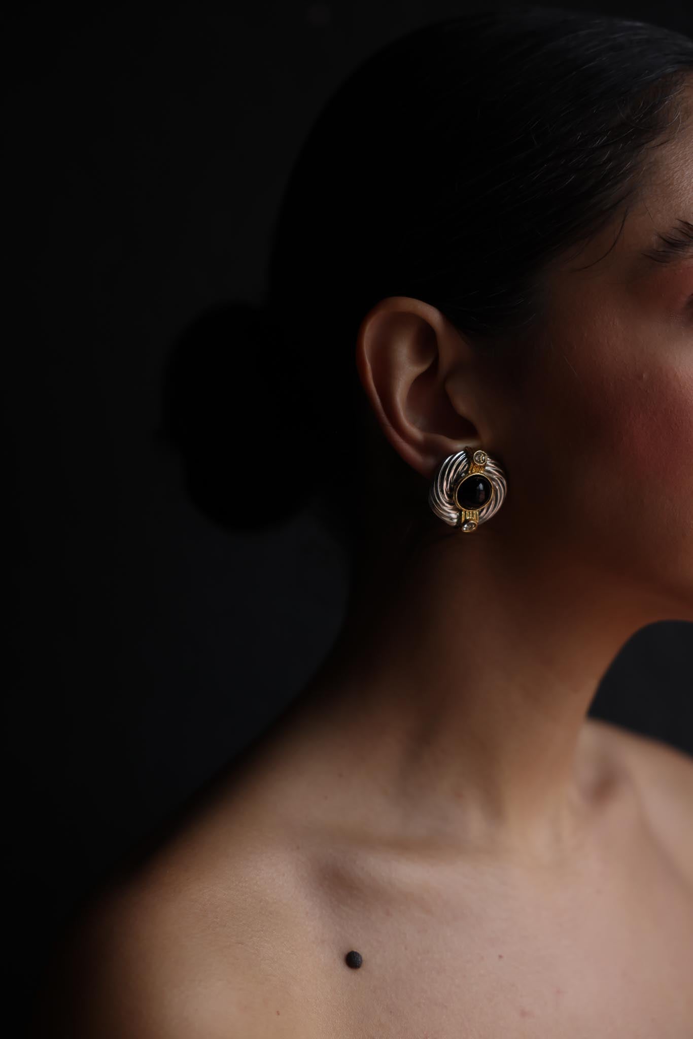 Silver-Plated Clip-On Earrings with Black Cabochon & Rhinestones|Vintage Baazaar 