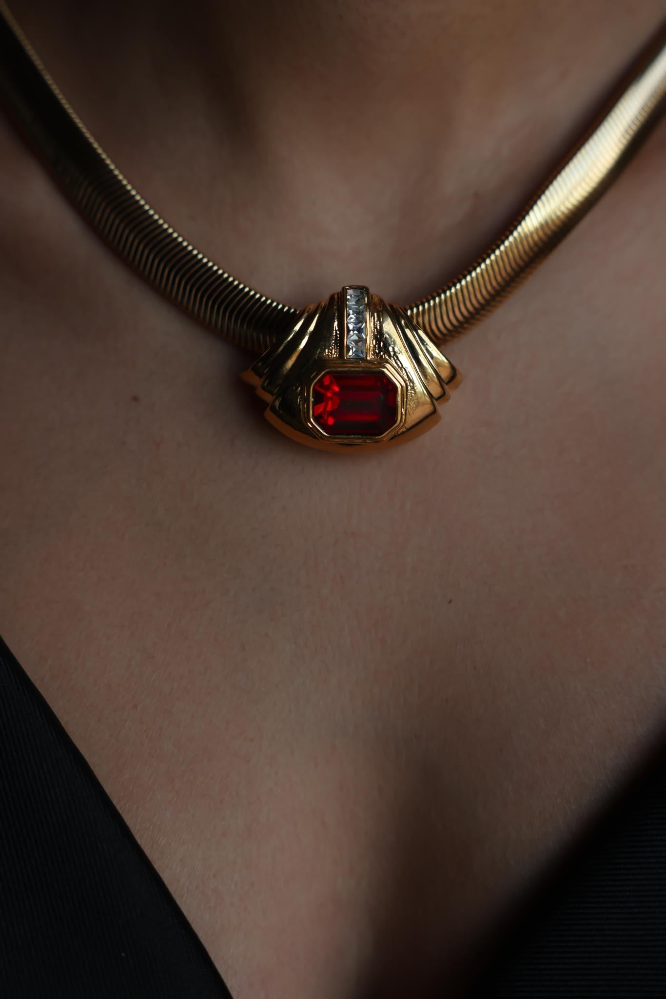 Omega Necklace with Red and Clear Rhinestones