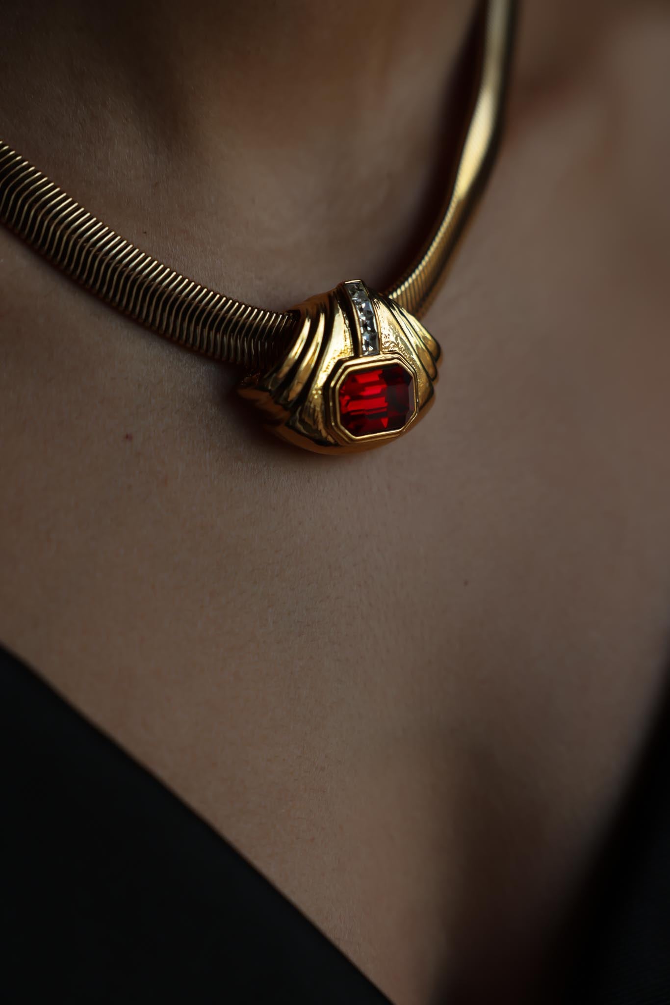 Omega Necklace with Red and Clear Rhinestones