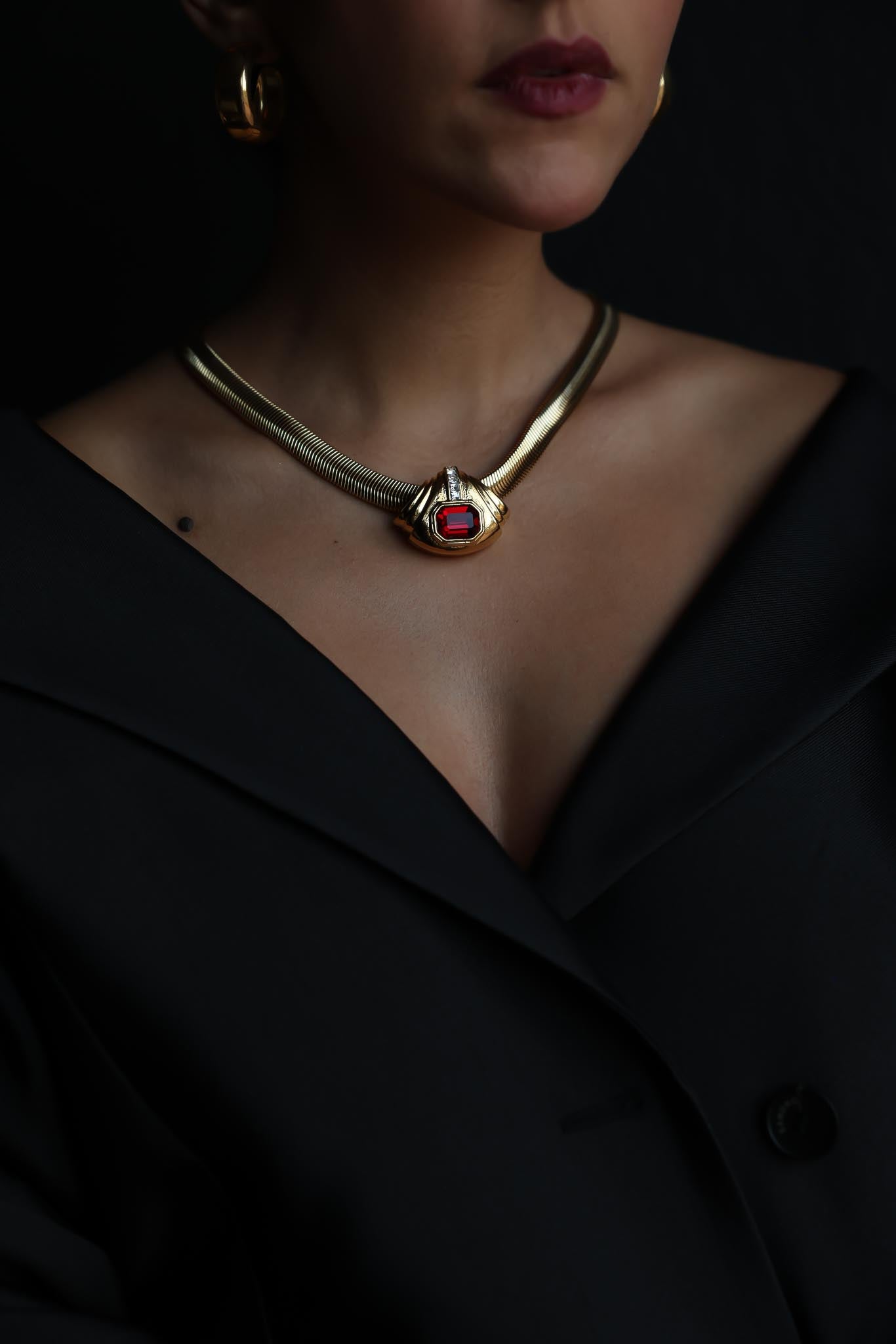 Omega Necklace with Red and Clear Rhinestones