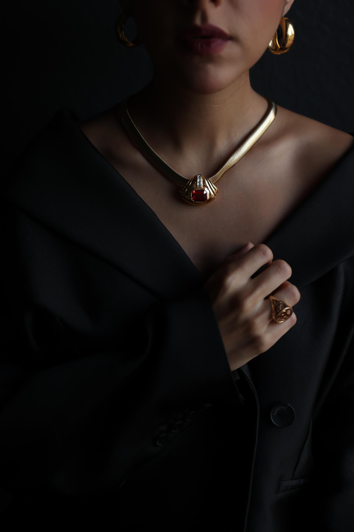 Omega Necklace with Red and Clear Rhinestones