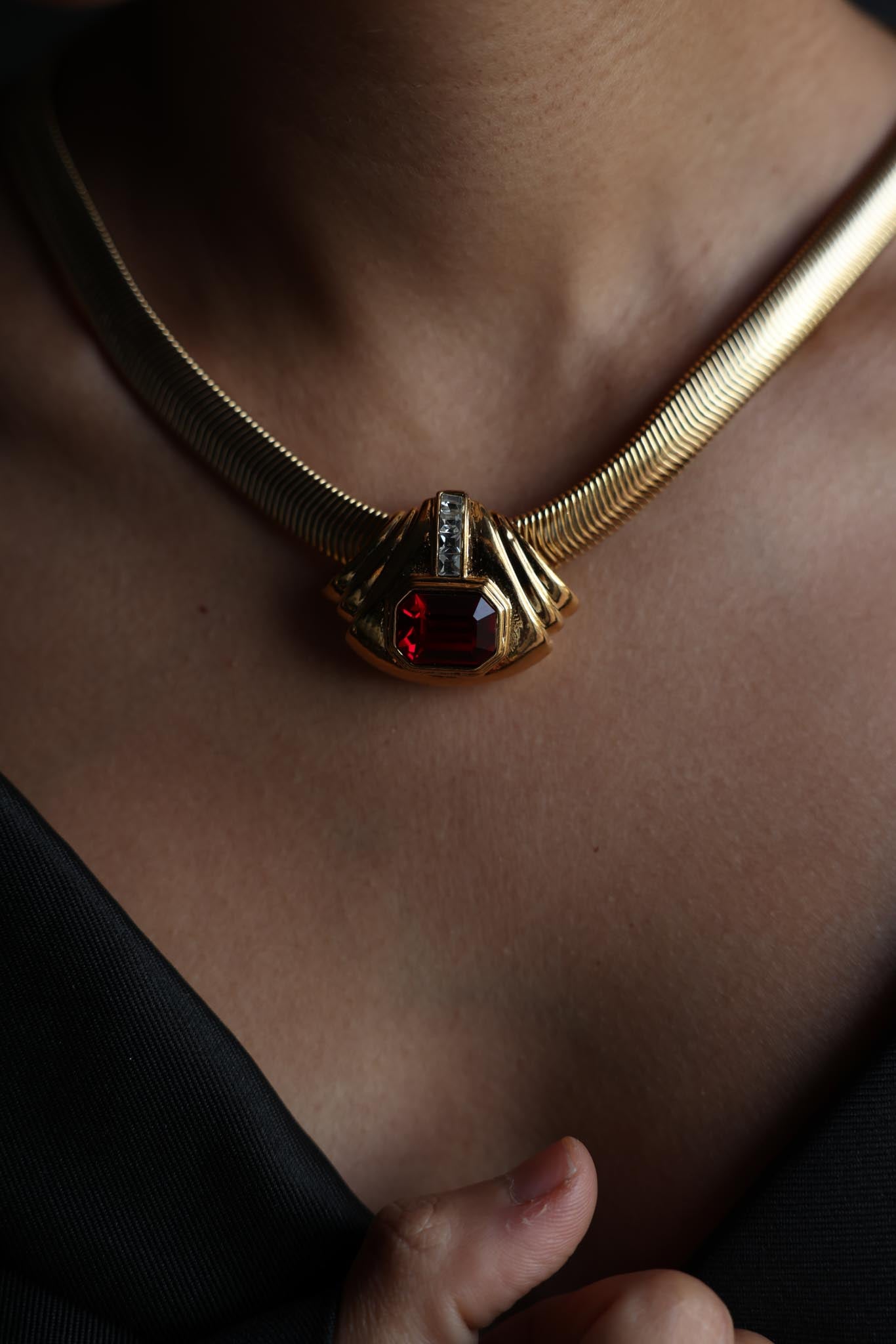 Omega Necklace with Red and Clear Rhinestones