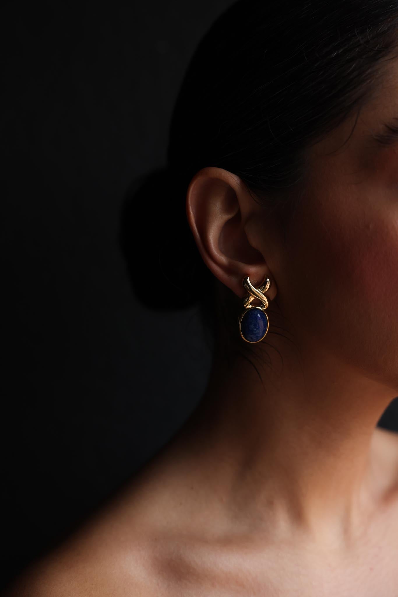 Gold and Blue Oval Drop Earrings|Vintage Baazaar 