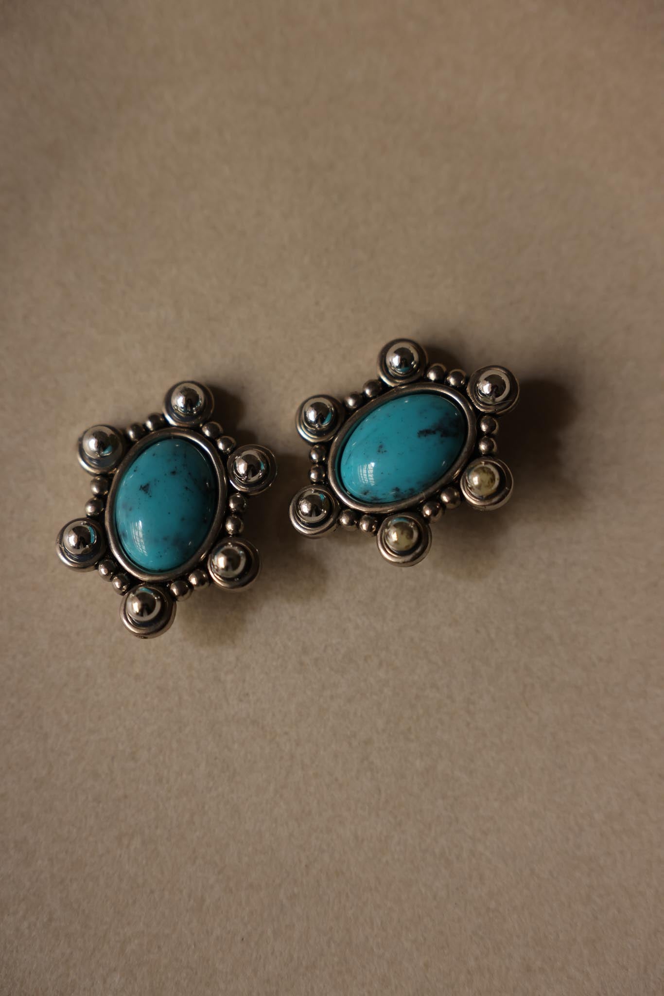 Silver Clip-On Earrings with Turquoise Accent|Vintage Baazaar 