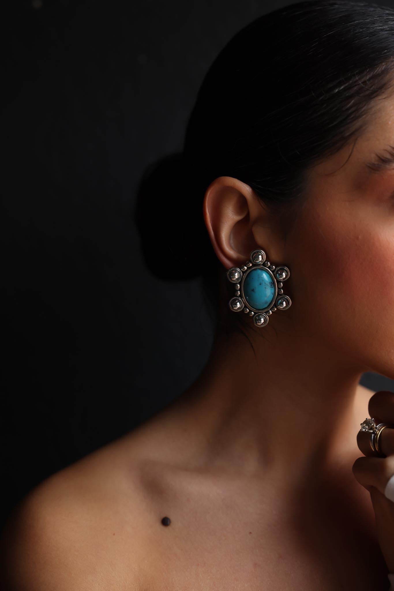 Silver Clip-On Earrings with Turquoise Accent|Vintage Baazaar 