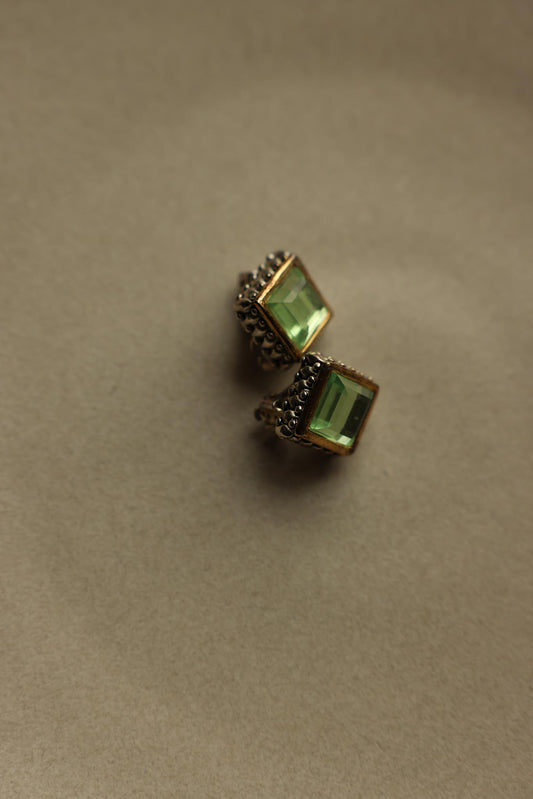 Two-Tone Green Cabochon Square Clip-On Earrings