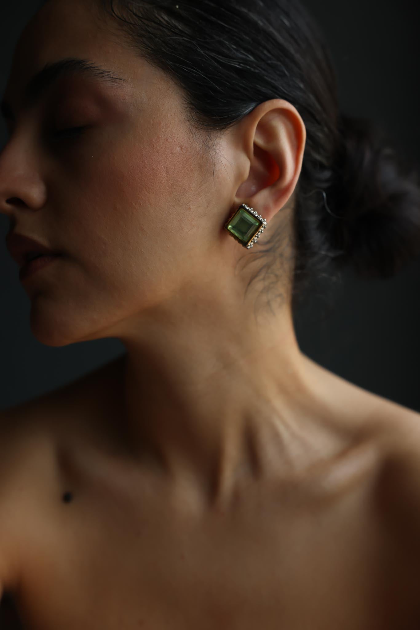 Two-Tone Green Cabochon Square Clip-On Earrings