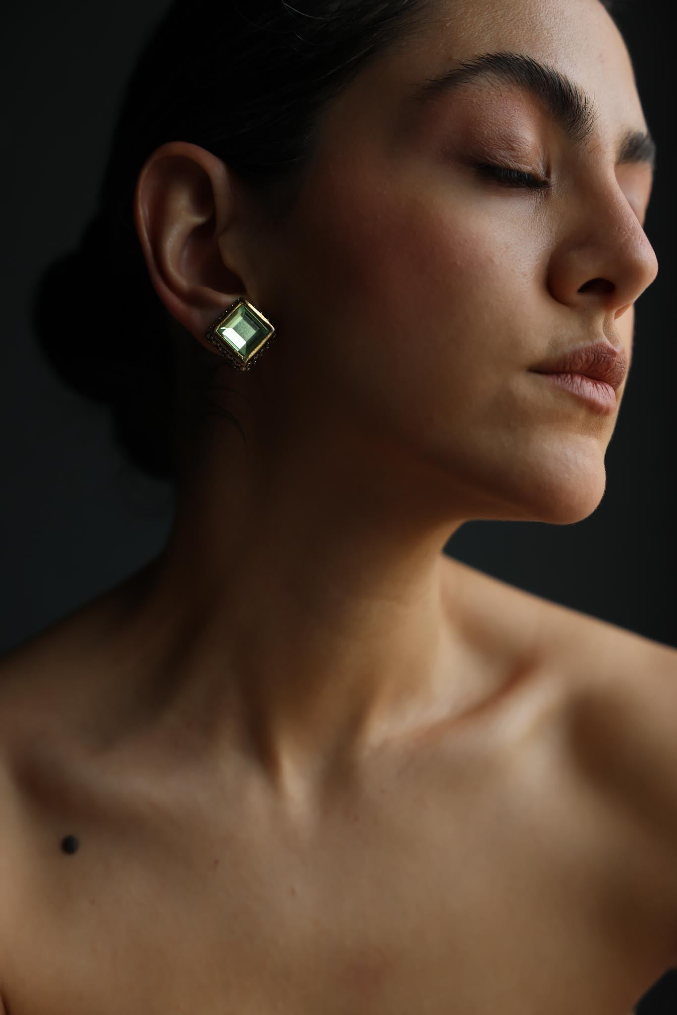 Two-Tone Green Cabochon Square Clip-On Earrings