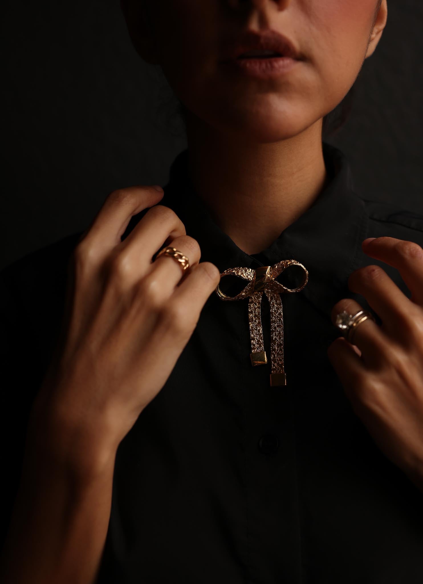Golden Textured Ribbon Bow Brooch|Vintage Baazaar 
