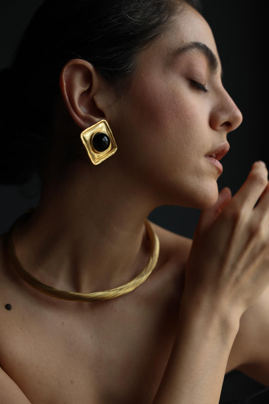 Matte Gold Square Black Cabochon Clip-On Earrings|Vintage Baazaar 
