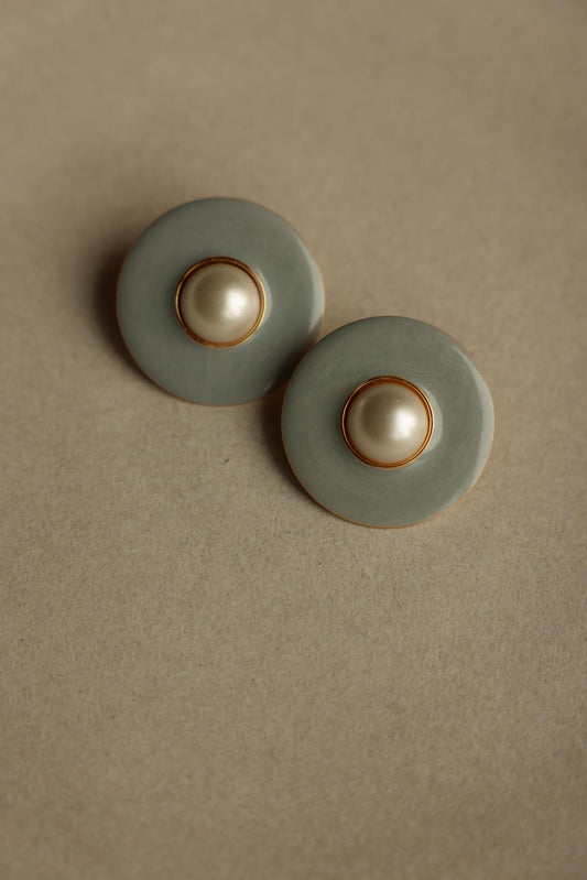 Light Blue Enamel And Faux Pearl Clip-On Earrings
