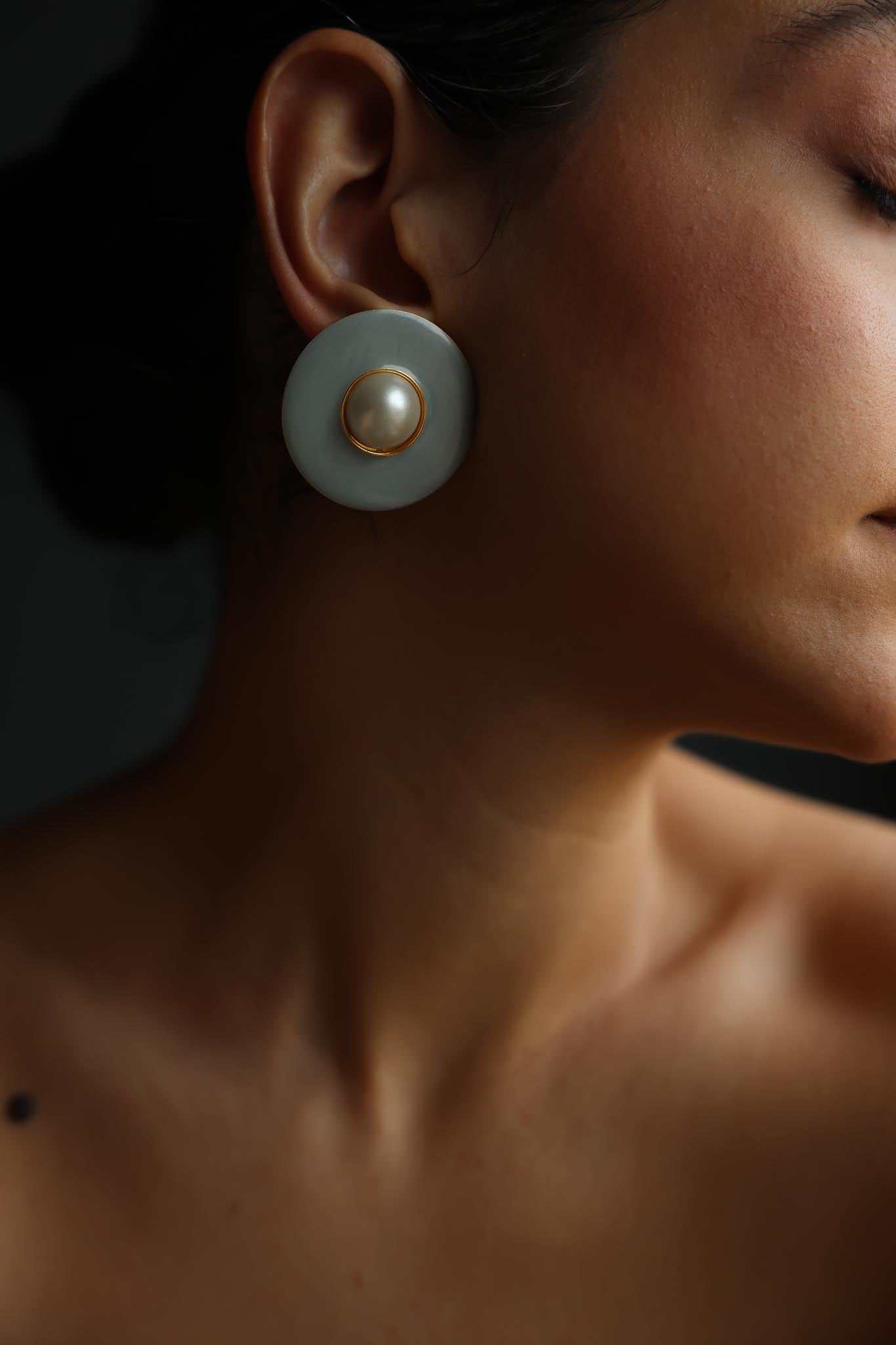 Light Blue Enamel And Faux Pearl Clip-On Earrings