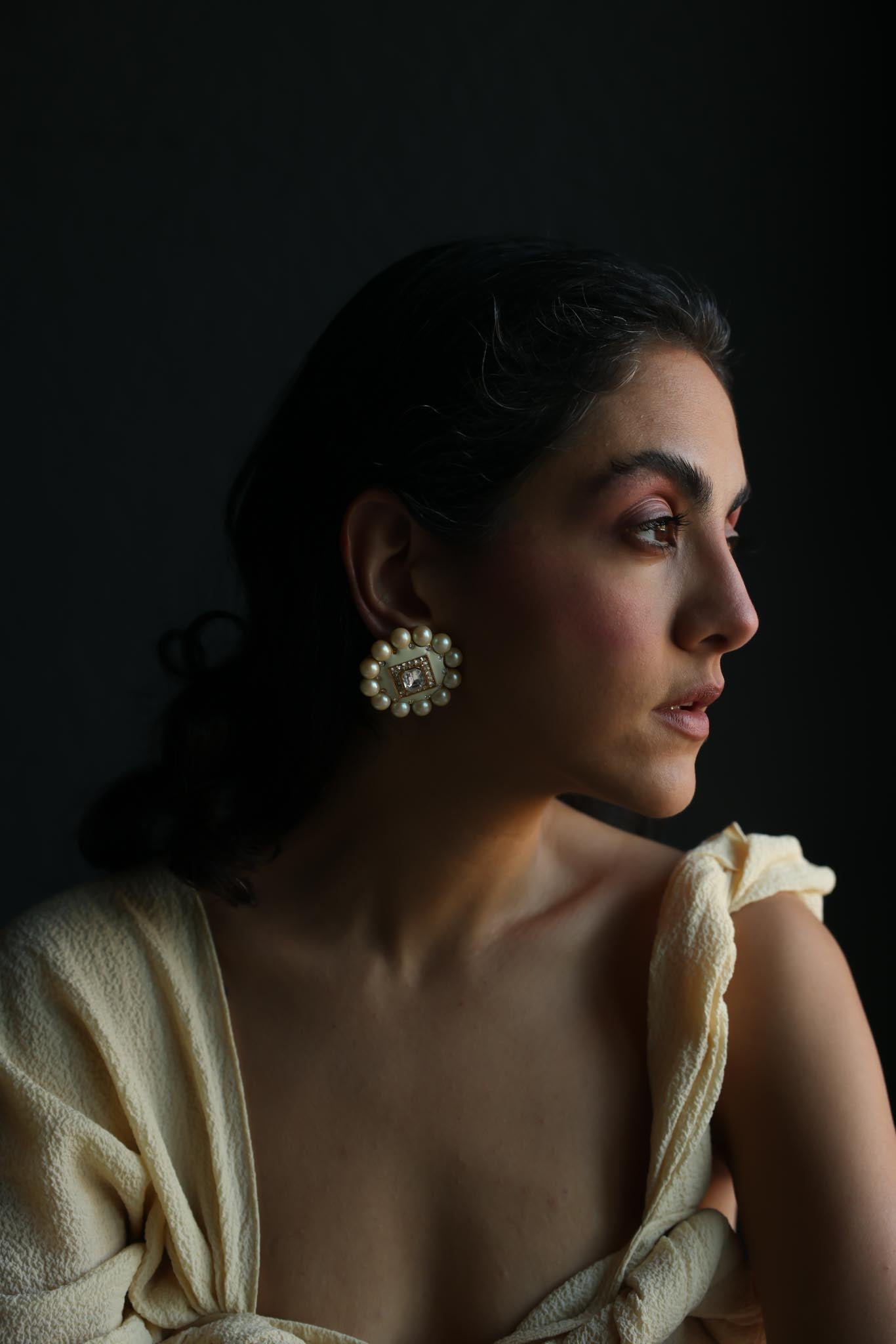 Pearl & White Enamel Statement Clip-On Earrings|Vintage Baazaar 