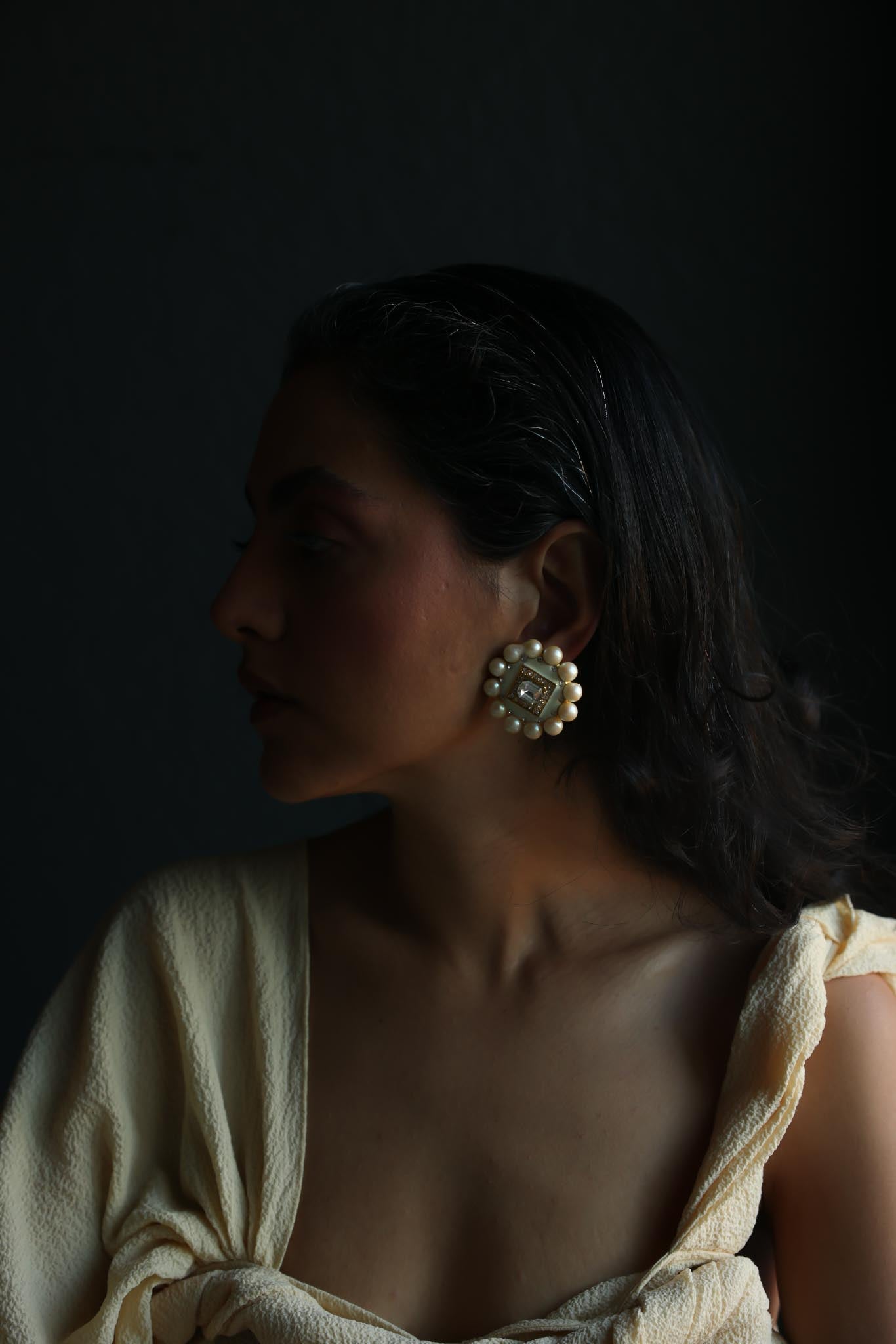 Pearl & White Enamel Statement Clip-On Earrings|Vintage Baazaar 