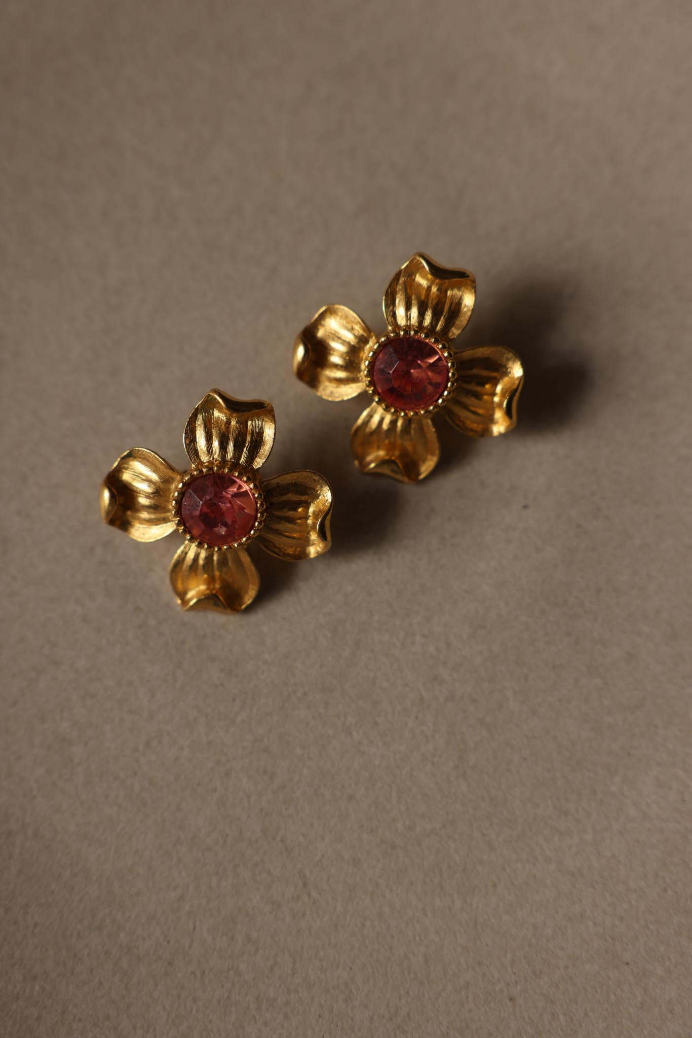 Trifari Gold Tone Pink Crystal Flower Clip-On Earrings