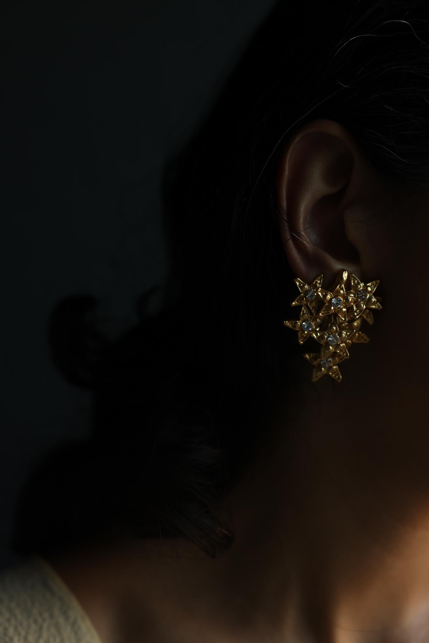 Matte Gold Star Cluster Rhinestone Clip-On Earrings