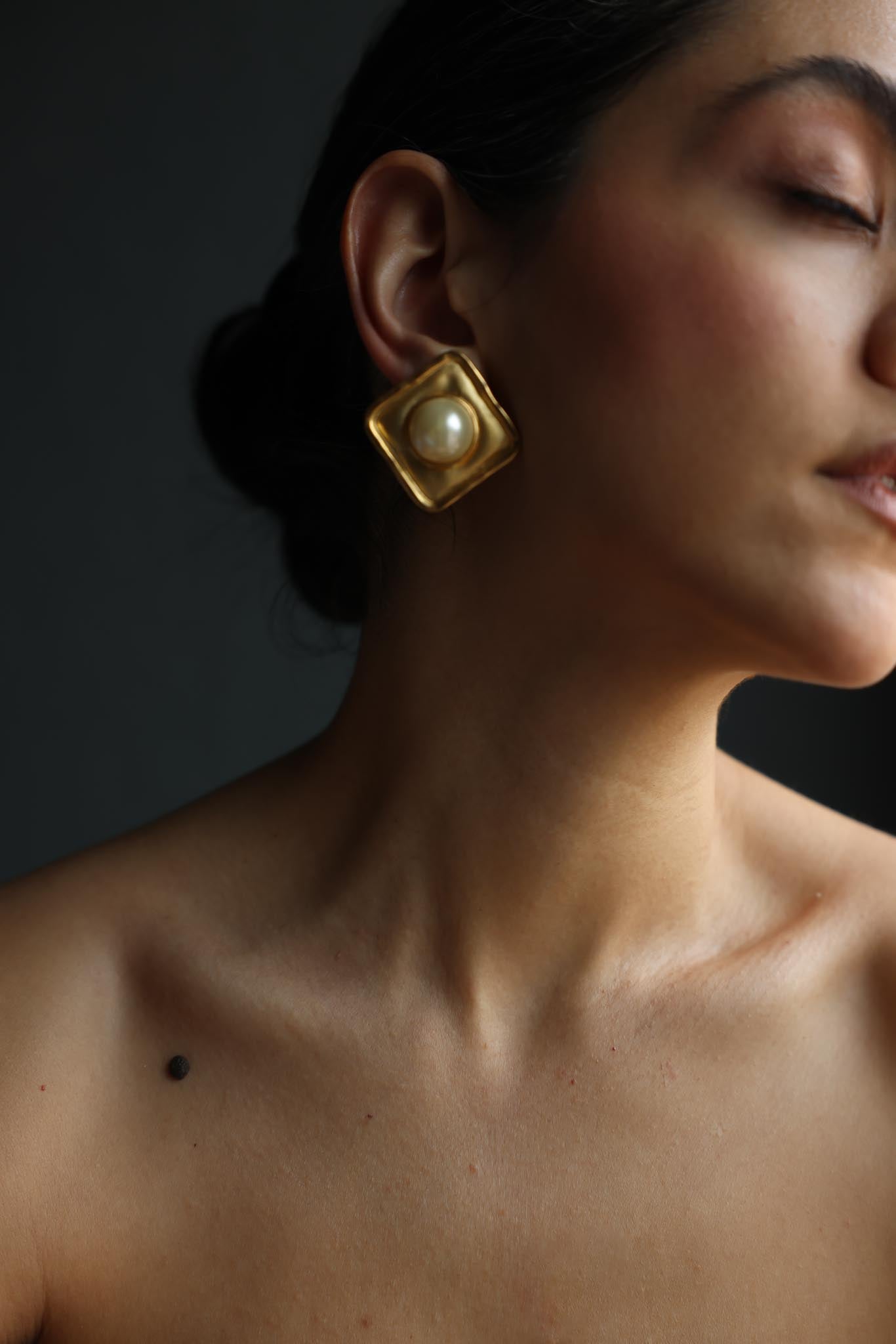 Matte Gold Square Faux Pearl Clip-On Earrings