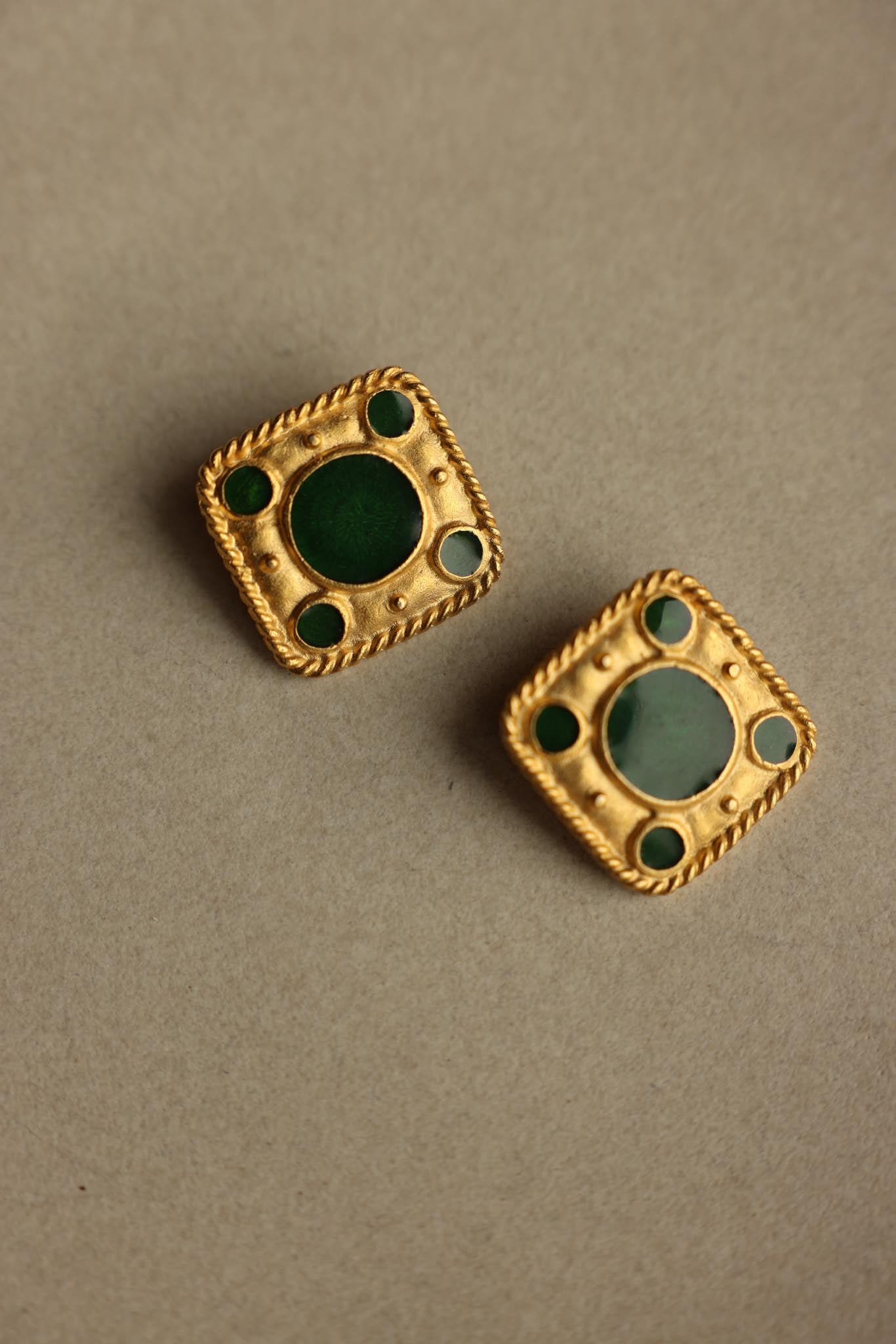 Gold Tone Square Green Enamel Clip-On Earrings