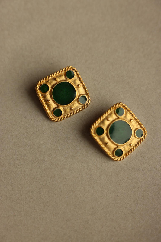 Gold Tone Square Green Enamel Clip-On Earrings