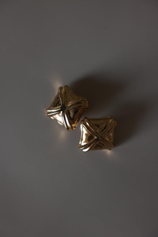 Gold Tone Sculpted Square Earrings