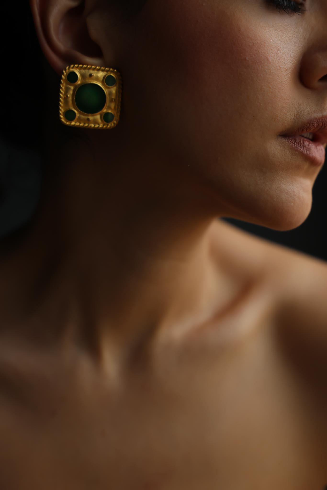 Gold Tone Square Green Enamel Clip-On Earrings