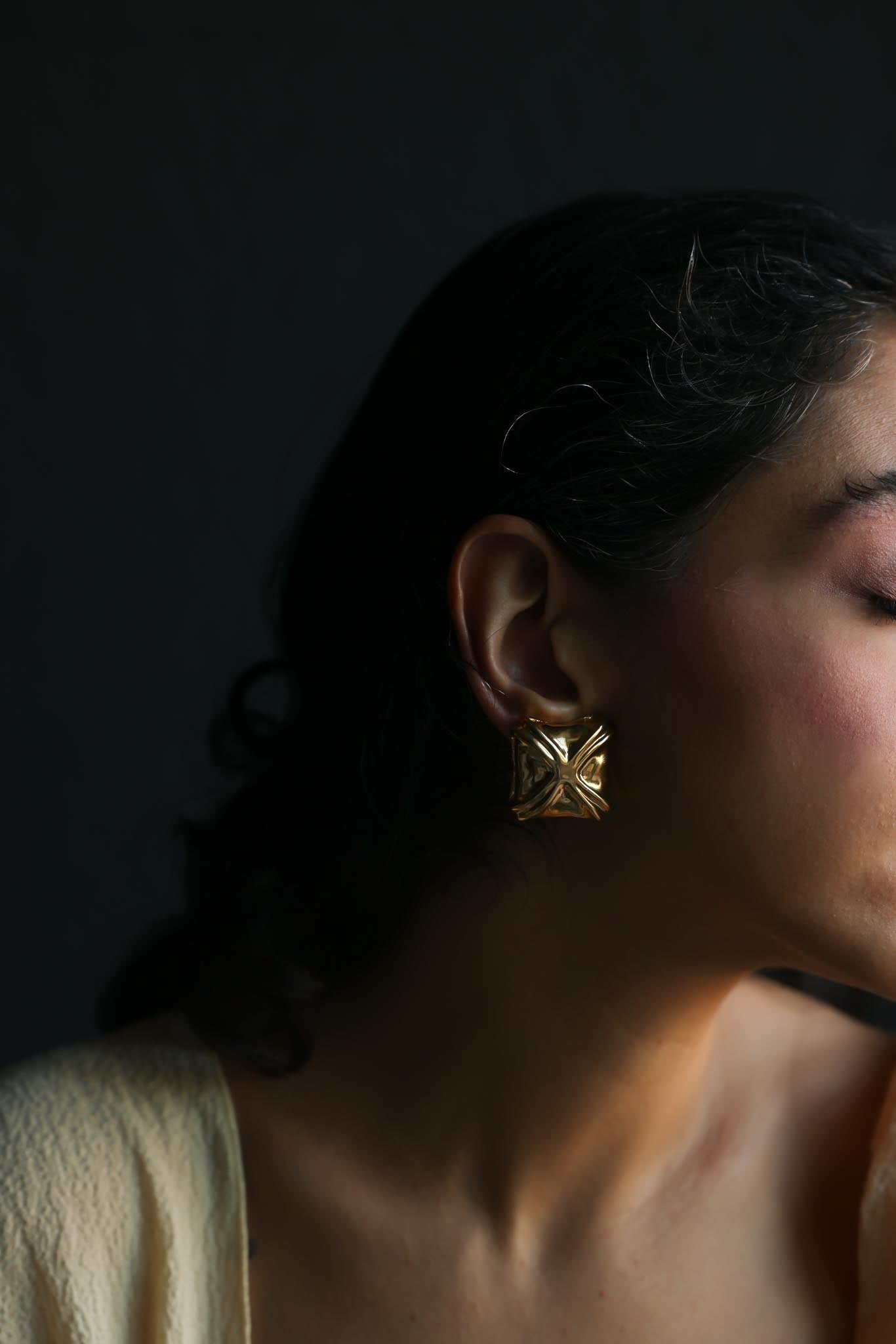 Gold Tone Sculpted Square Earrings