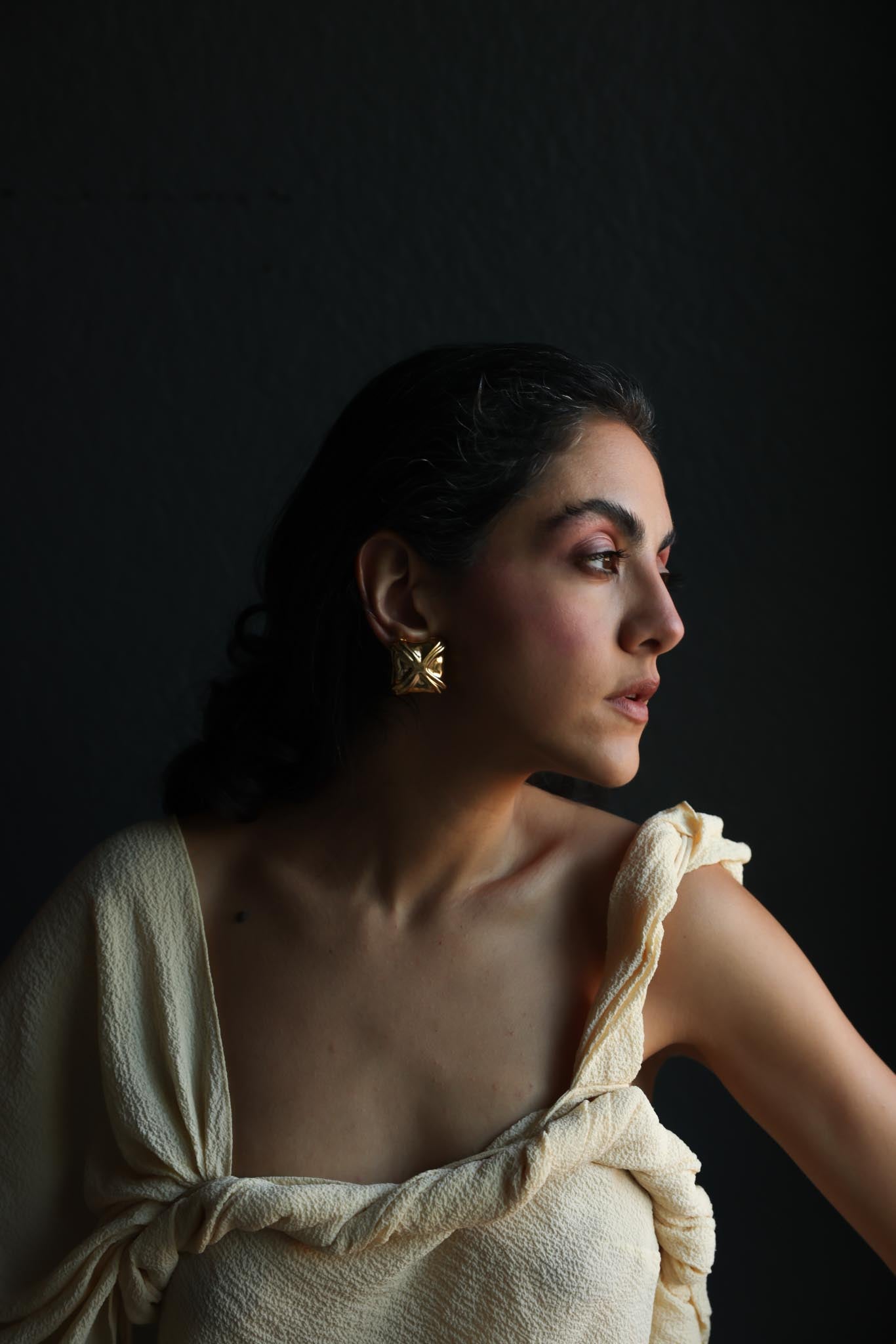 Gold Tone Sculpted Square Earrings