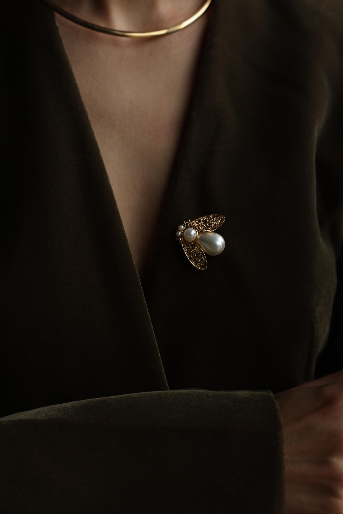 Gold Tone Bee Faux Pearl Brooch