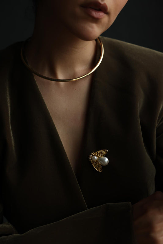 Gold Tone Bee Faux Pearl Brooch