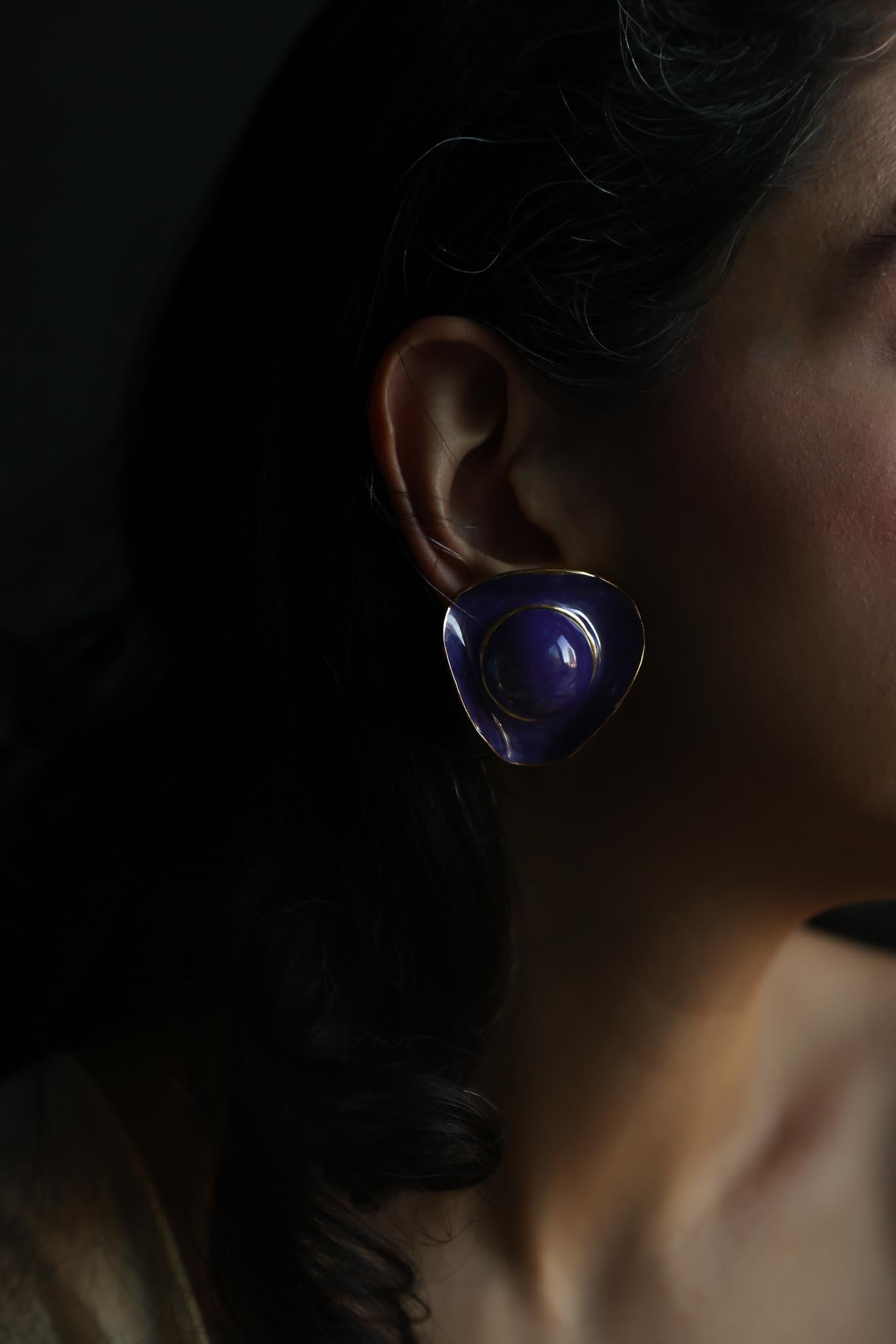 Gold Tone Purple Enamel Cabochon Earrings
