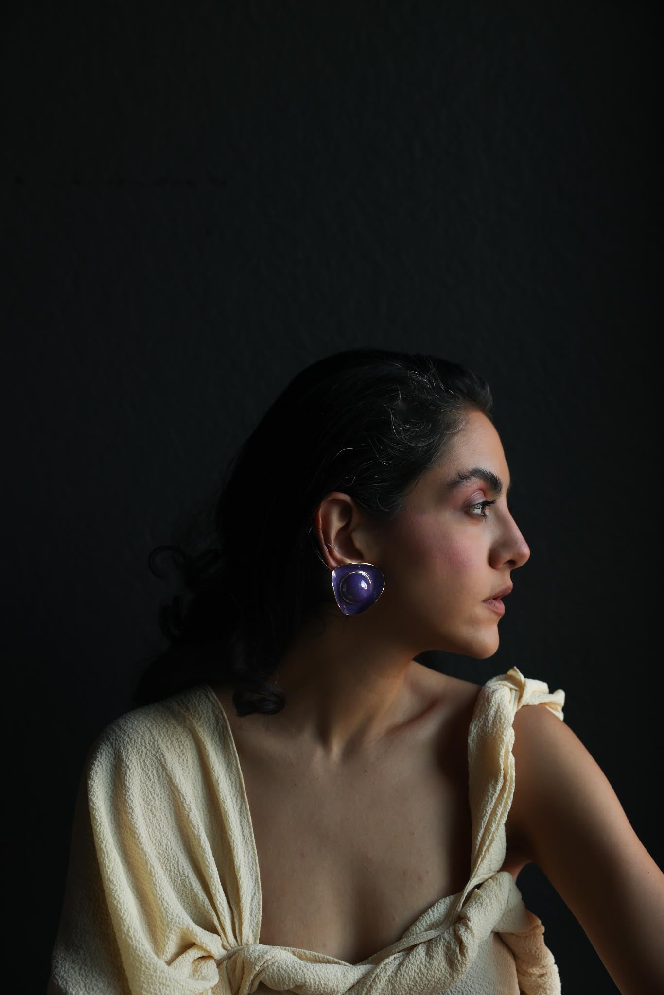 Gold Tone Purple Enamel Cabochon Earrings