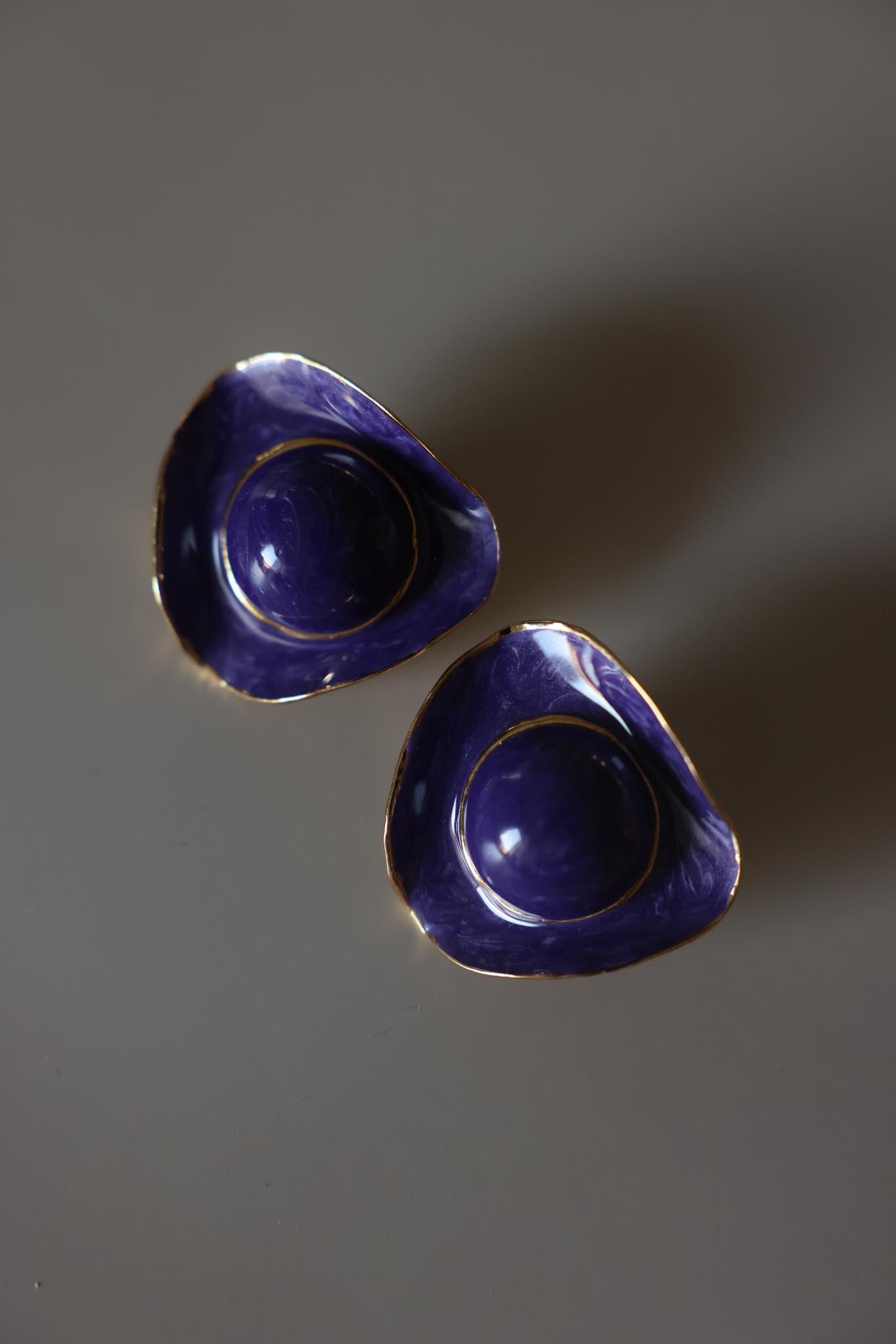 Gold Tone Purple Enamel Cabochon Earrings
