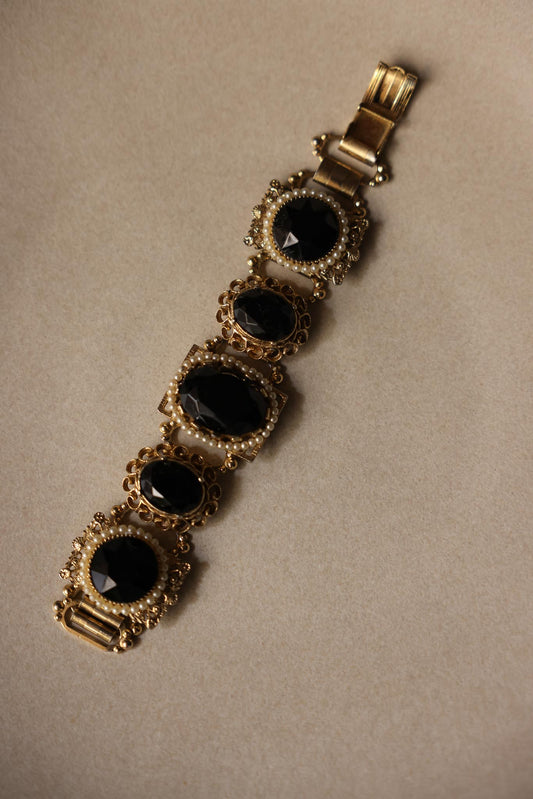 Gold-Plated Antique Bracelet with Glass and Faux Pearls|Vintage Baazaar 