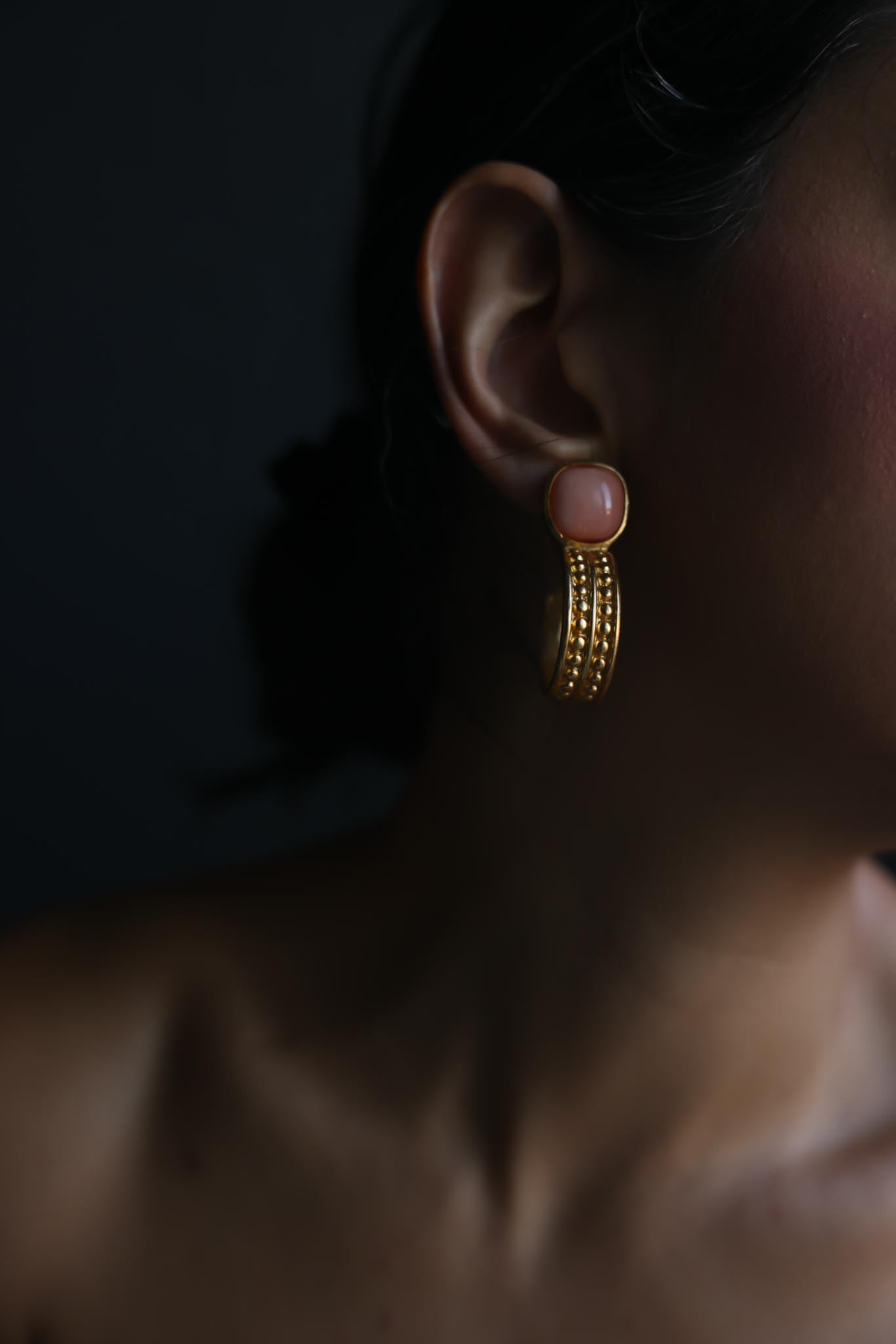 Peach Cabochon Matte Gold Hoop Clip-On Earrings