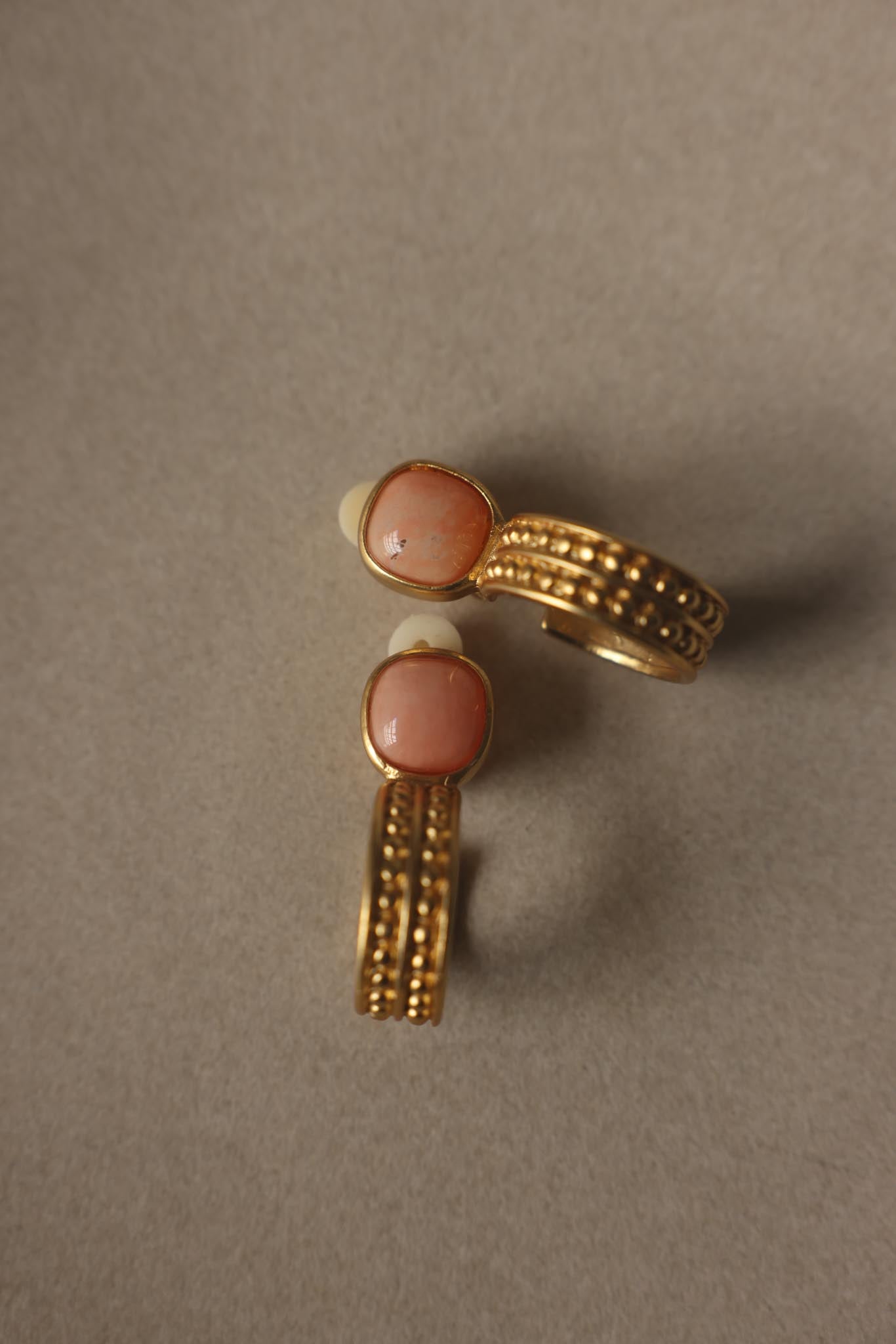 Peach Cabochon Matte Gold Hoop Clip-On Earrings