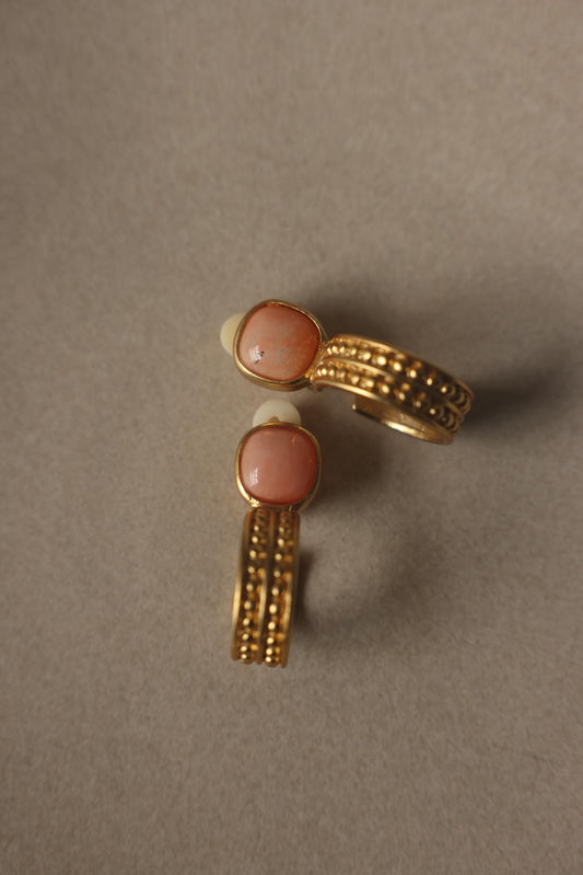 Peach Cabochon Matte Gold Hoop Clip-On Earrings