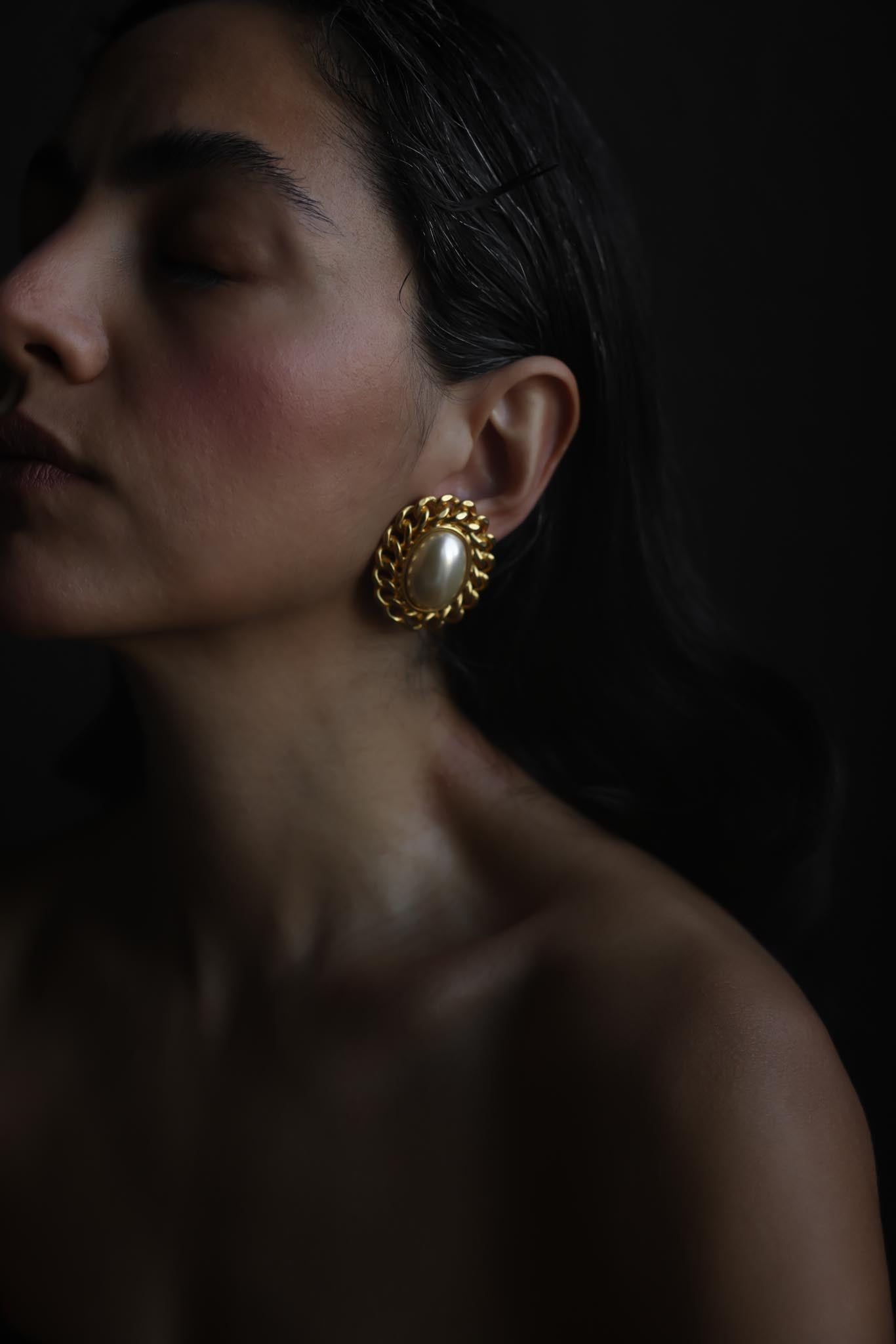 Matte Gold Faux Pearl Chain Statement Clip-On Earrings