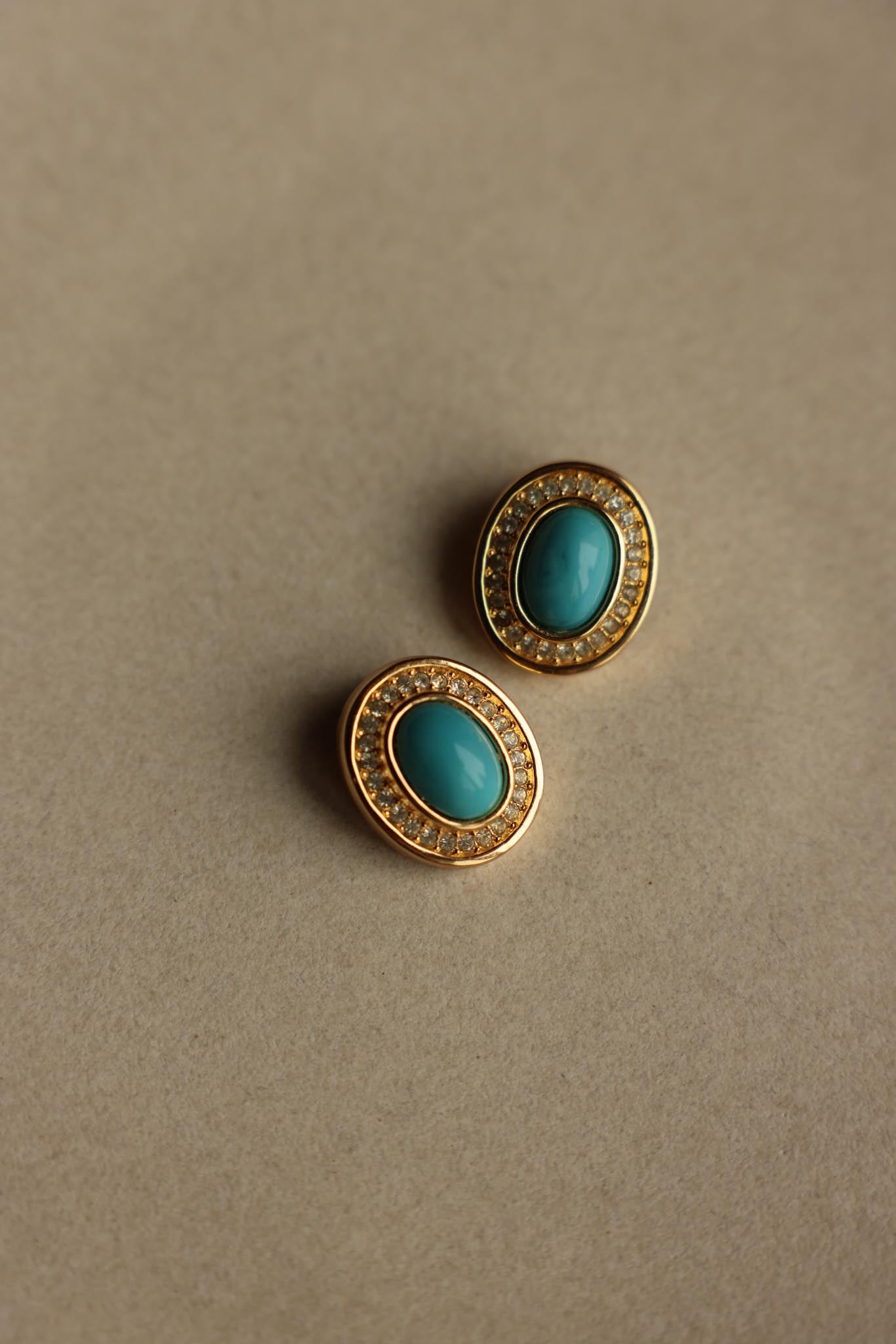 1980s Christian Dior Oval Turquoise Glass Rhinestone Gold Plated Clip-On Earrings|Vintage Baazaar 