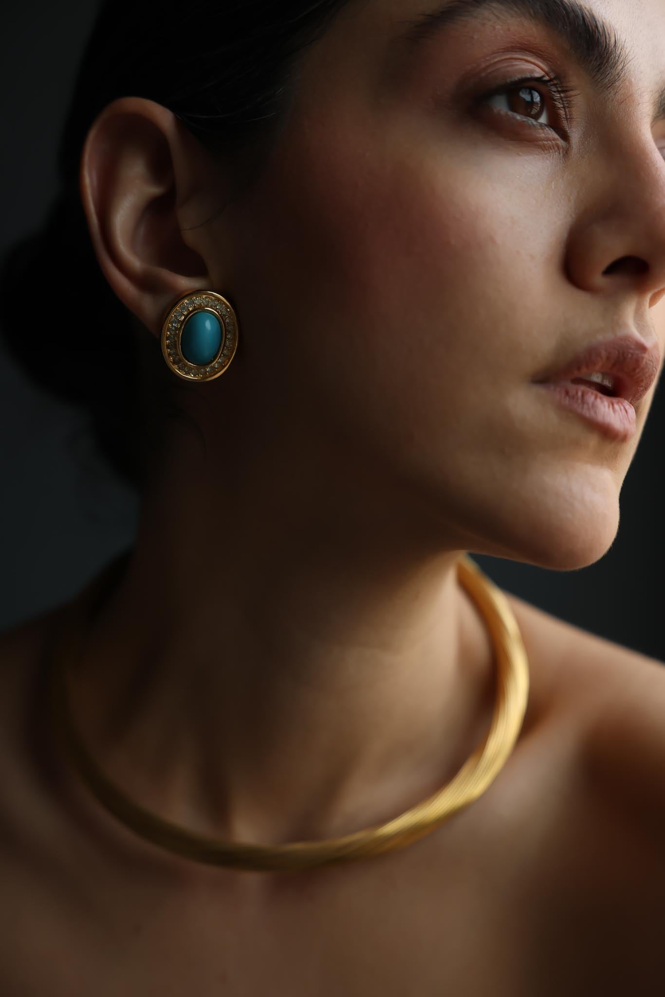 1980s Christian Dior Oval Turquoise Glass Rhinestone Gold Plated Clip-On Earrings|Vintage Baazaar 