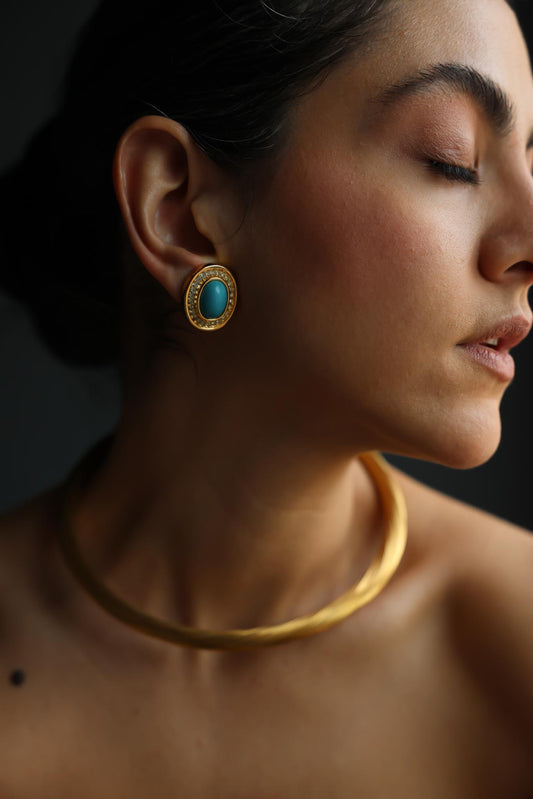 1980s Christian Dior Oval Turquoise Glass Rhinestone Gold Plated Clip-On Earrings|Vintage Baazaar 