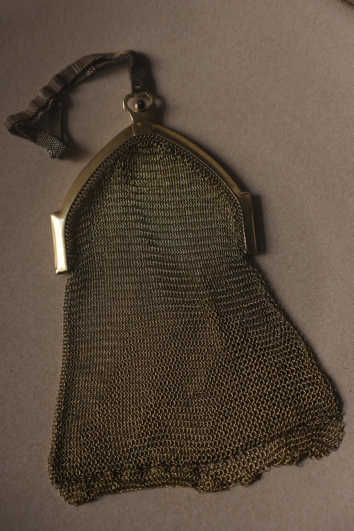 1920s Art Deco Gold Tone Mesh Wristlet Bag with Blue Cabochon