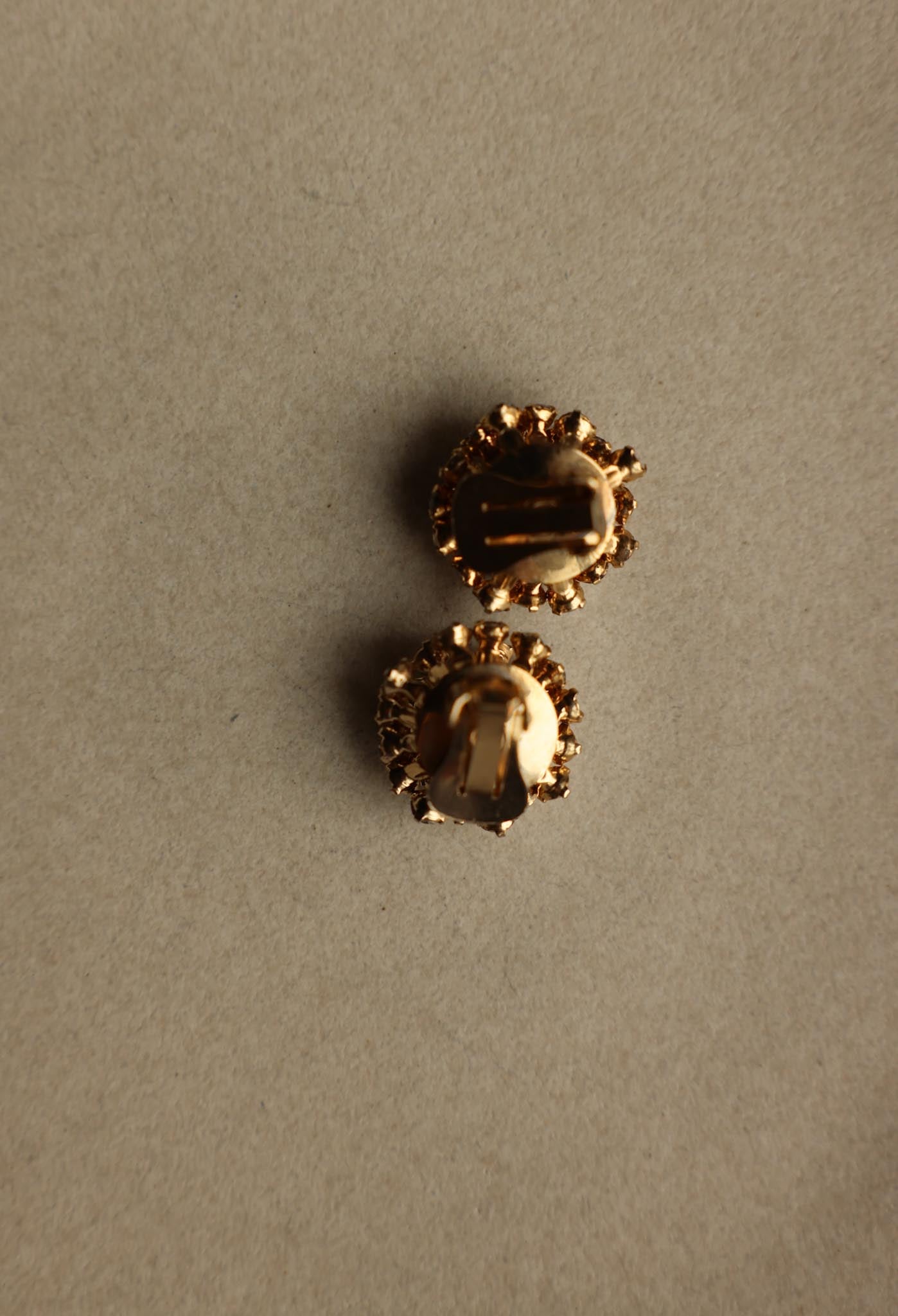 Gold-Tone Faux Pearl And Rhinestone Cluster Clip-On Earrings|Vintage Baazaar 