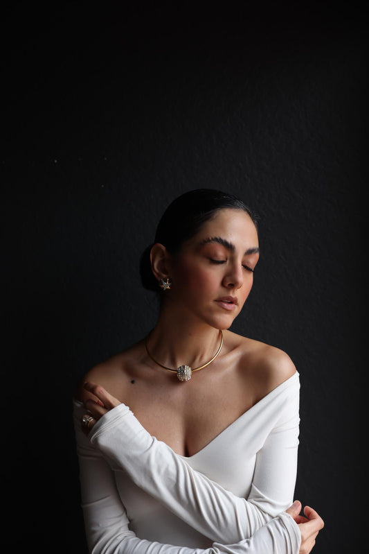 Gold-Tone Collar Necklace with Rhinestone Ball Pendant