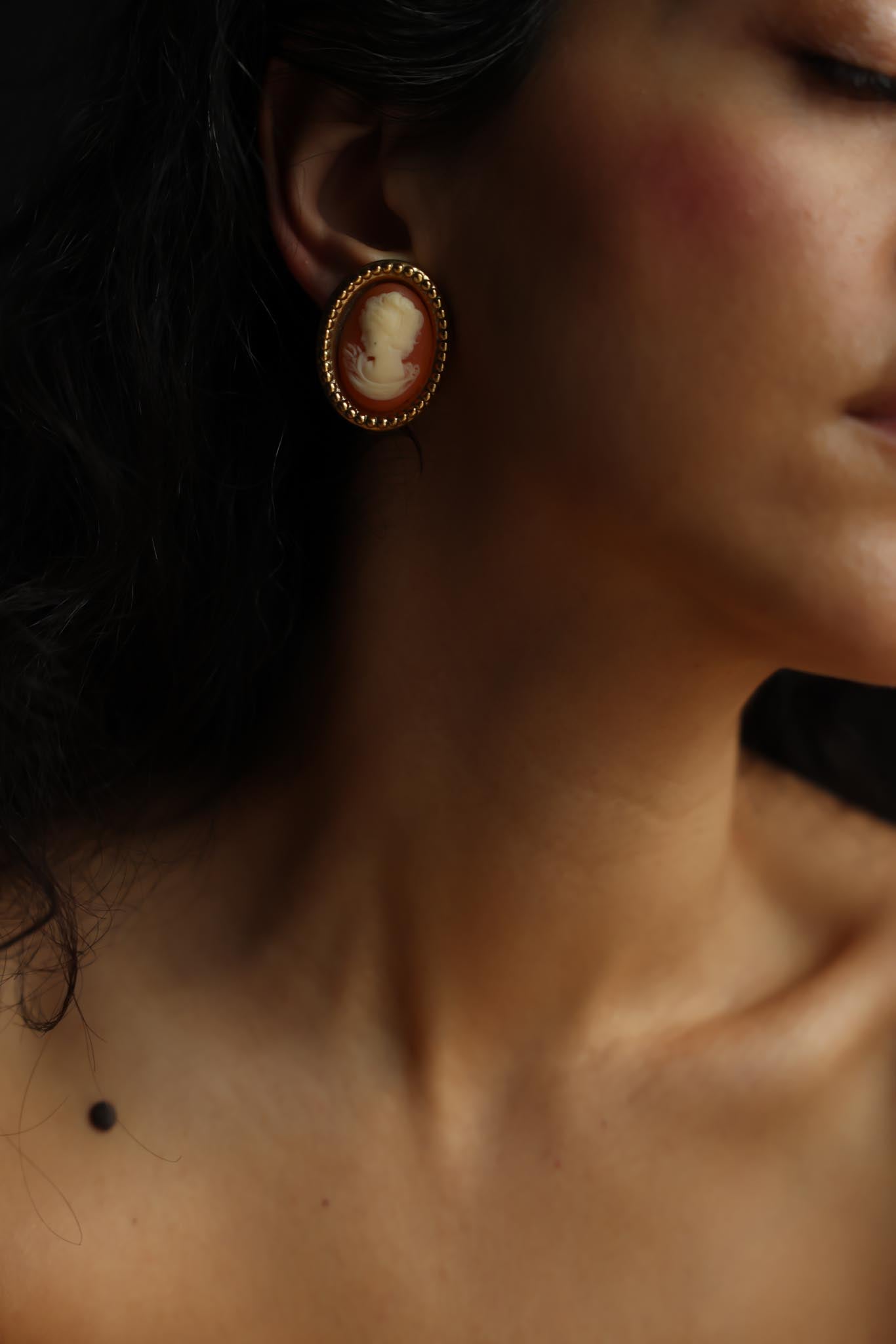 Cameo Clip-On Earrings Gold Tone Oval
