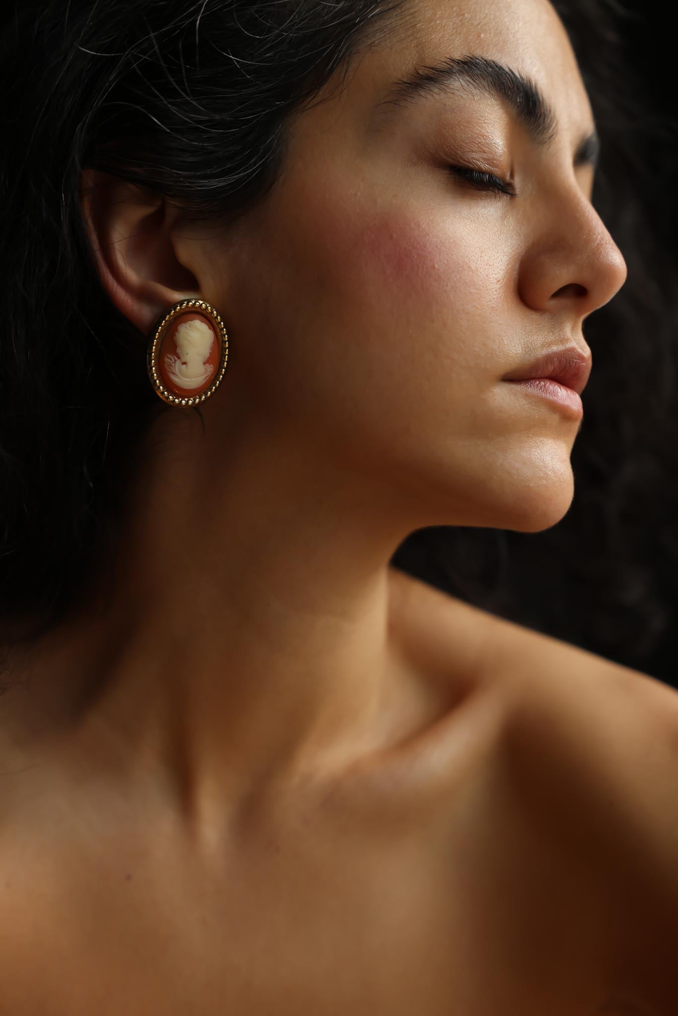 Cameo Clip-On Earrings Gold Tone Oval