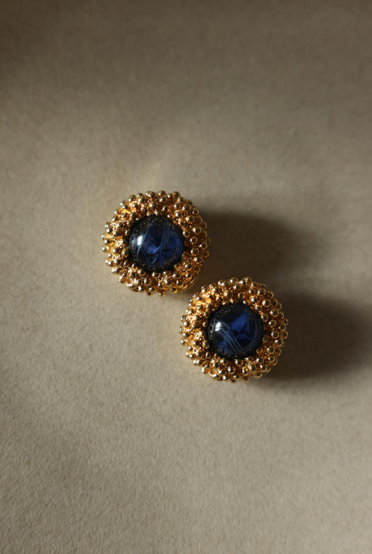 Gold Tone Blue Glass Cluster Clip-On Earrings