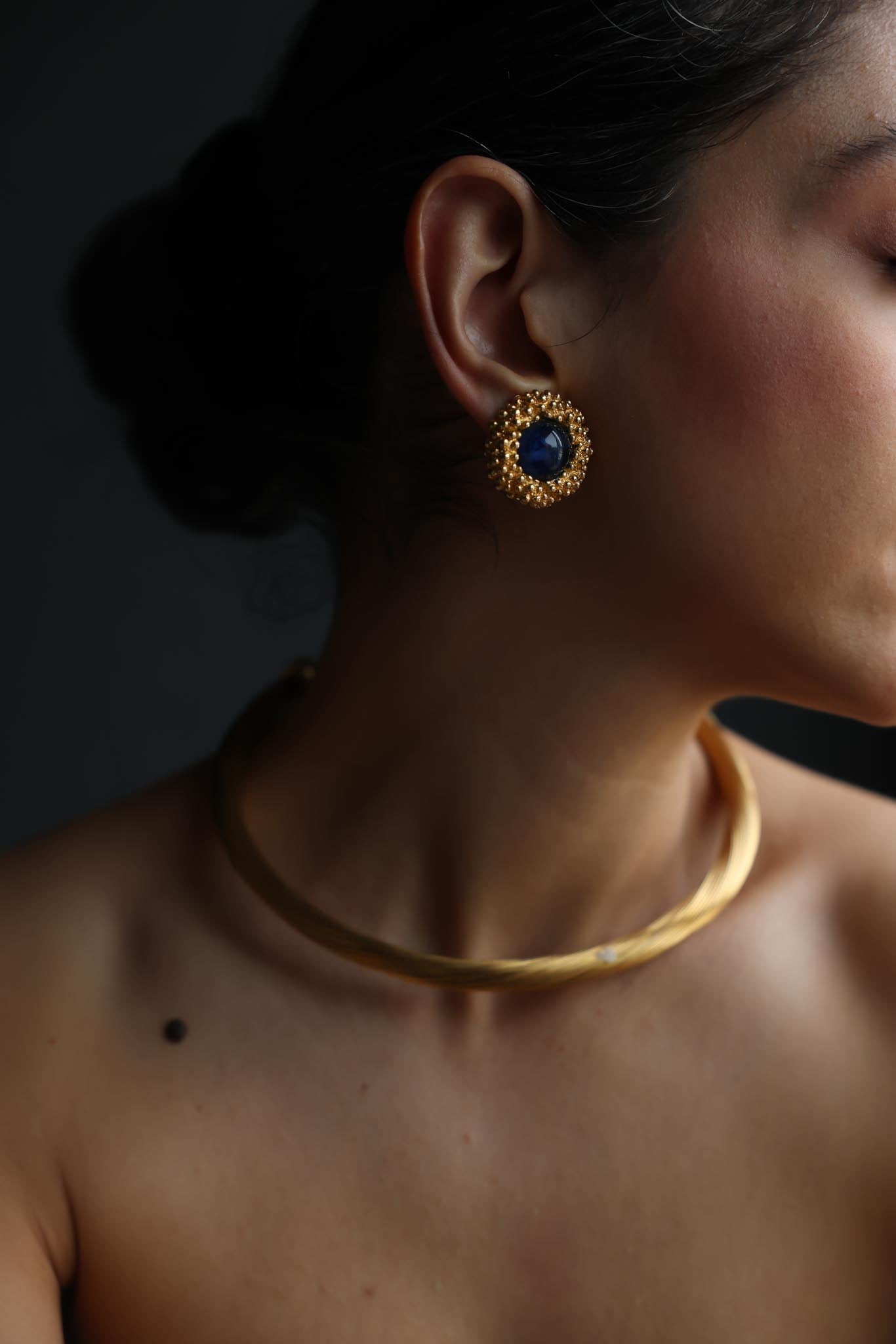 Gold Tone Blue Glass Cluster Clip-On Earrings