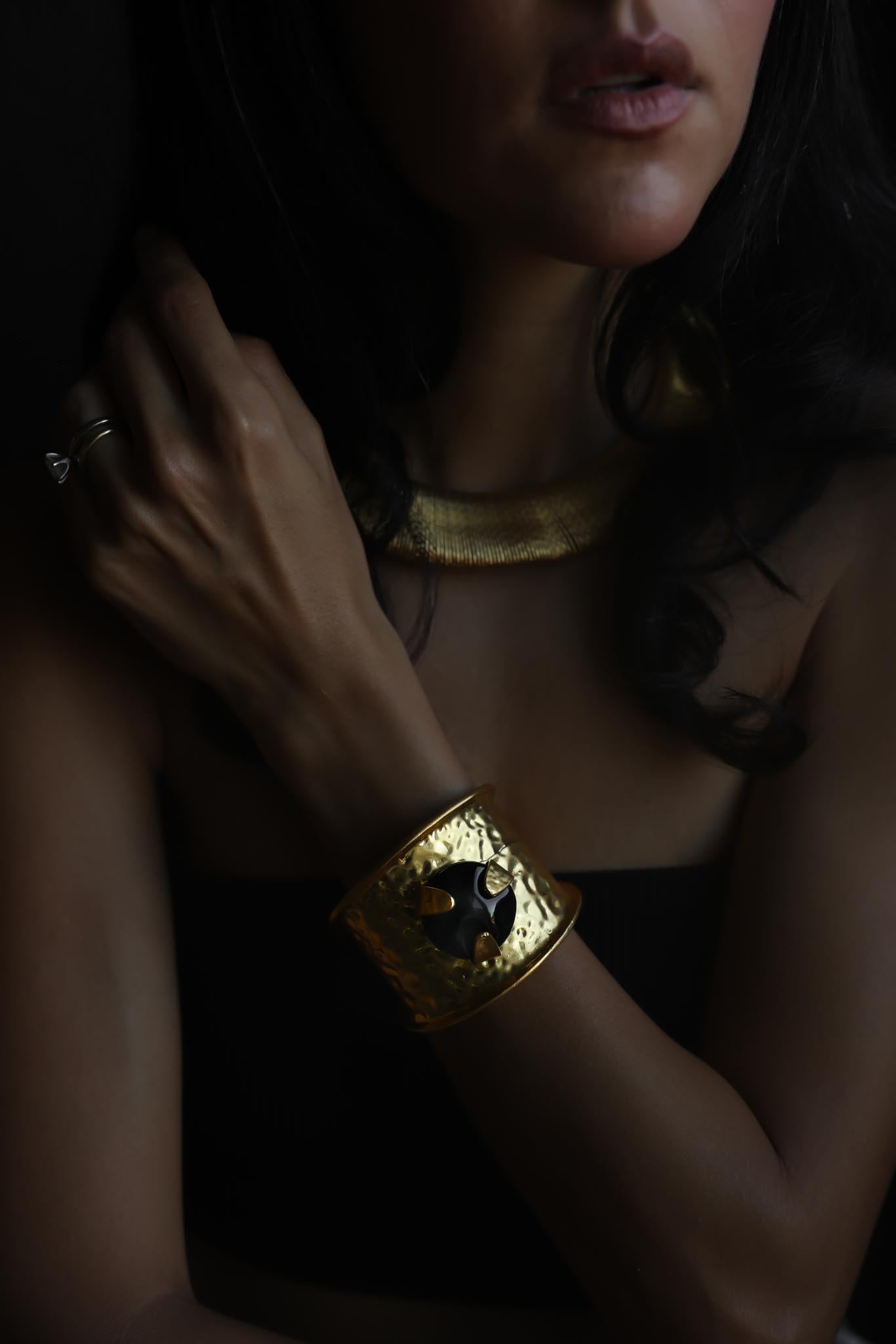 Gold Tone & Black Statement Open Cuff Bracelet (NOT VINTAGE)