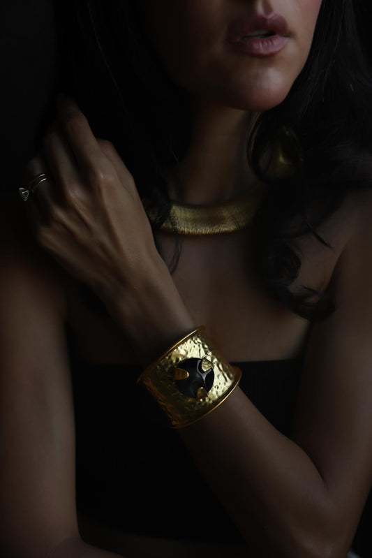 Gold Tone & Black Statement Open Cuff Bracelet (NOT VINTAGE)