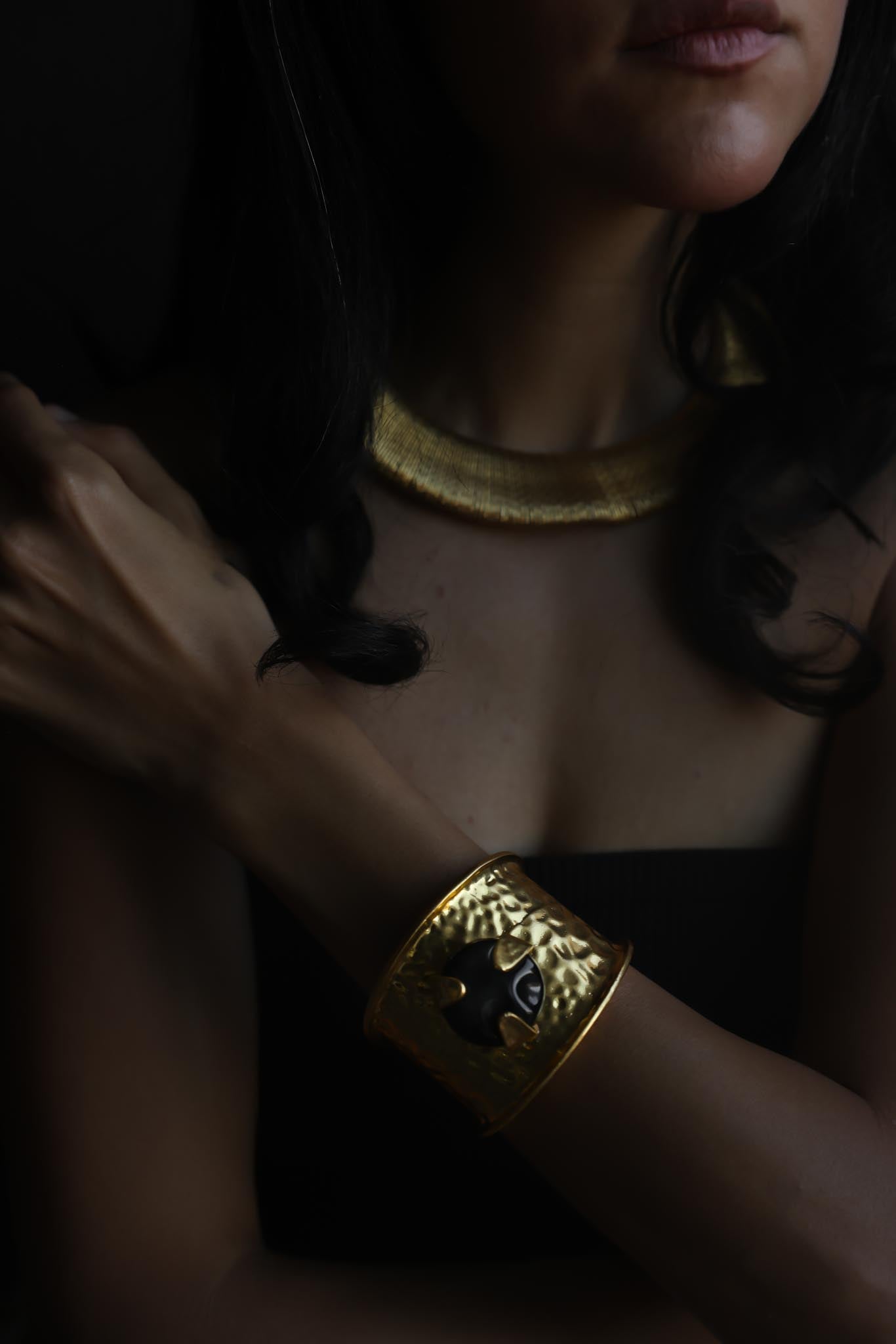 Gold Tone & Black Statement Open Cuff Bracelet (NOT VINTAGE)